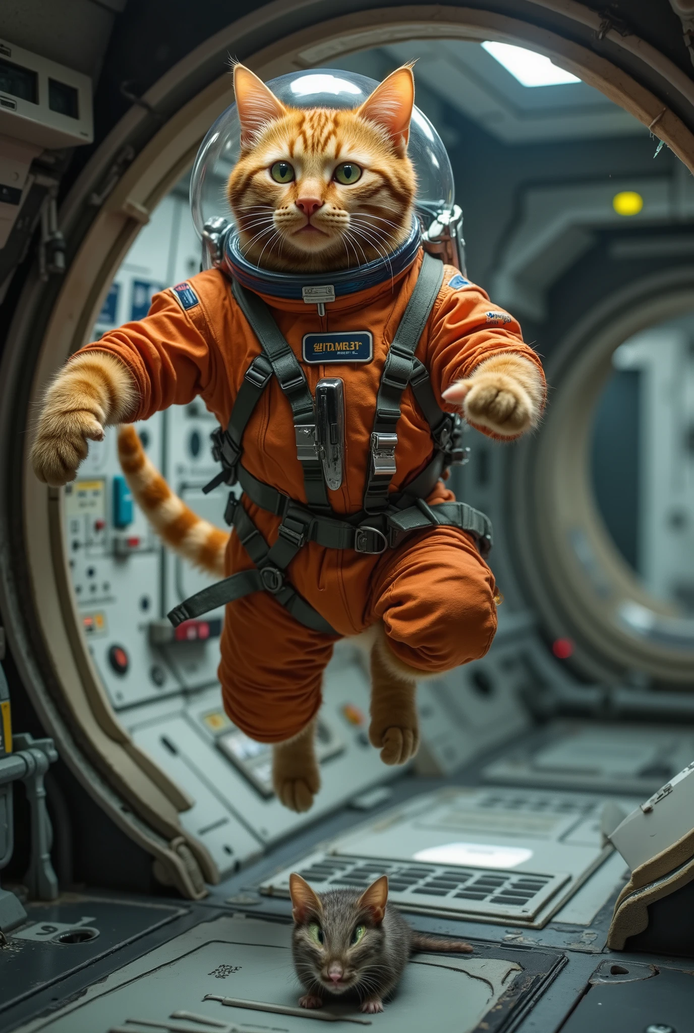 A cheerful red-haired cat in a spacesuit hovers in zero gravity. He's trying to catch a small, frightened gray mouse. Aboard the space station