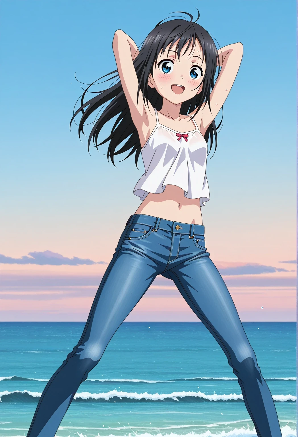 score_9, score_8_up, score_7_up, source_anime, highres, hi res, ((best quality, top quality, perfect quality, Highest Quality, amazing quality)), {{masterpiece}}, {{an extremely delicate and beautiful}}, 2d, intricate details, official style, anime, 8k, anime style, official_anime, official art, digital painting, cell shading, soft shading, high resolution, soothing tones, Subdued Color, Soft cinematic light, adobe lightroom, photolab, HDR, intricately and hyper-detailed, ((high quality animation)), 1 girl, Alone, solo, ((ocean)), tsunami, on the water, day, sunny, outdoors, sky, windy, hina_xl, 1girl, black hair, blue eyes, long hair, anime screencap, small breasts, white camisole top, crop top, white crop top, best quality, hyper-detailed jeans, ((blue jeans:1.9)), (dark blue jeans:0.6), full medium body, medium shot, Open mouth, smiling, happy face, blush, sweat, standing, ((arms behind head:6.0)), bowlegged, jumping pose, action, looking at viewer, spread legs, Bend knees slightly, straight-on front view