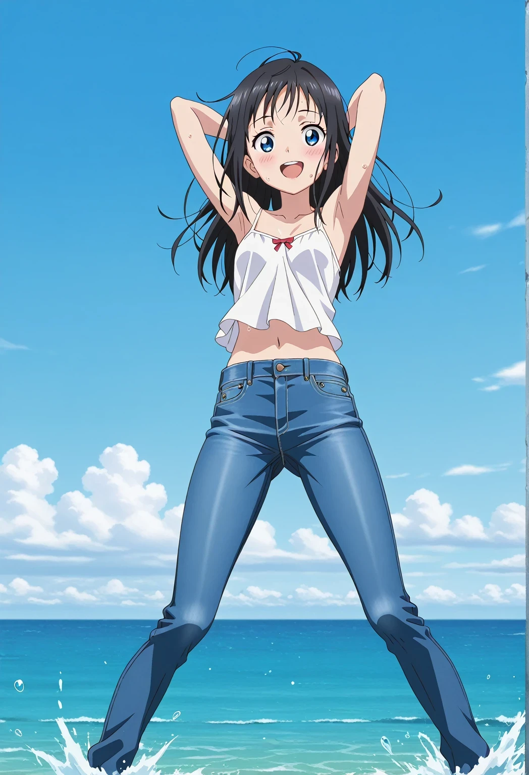 score_9, score_8_up, score_7_up, source_anime, highres, hi res, ((best quality, top quality, perfect quality, Highest Quality, amazing quality)), {{masterpiece}}, {{an extremely delicate and beautiful}}, 2d, intricate details, official style, anime, 8k, anime style, official_anime, official art, digital painting, cell shading, soft shading, high resolution, soothing tones, Subdued Color, Soft cinematic light, adobe lightroom, photolab, HDR, intricately and hyper-detailed, ((high quality animation)), 1 girl, Alone, solo, ((ocean)), tsunami, on the water, day, sunny, outdoors, sky, windy, hina_xl, 1girl, black hair, blue eyes, long hair, anime screencap, small breasts, white camisole top, crop top, white crop top, best quality, hyper-detailed jeans, ((blue jeans:1.9)), (dark blue jeans:0.6), full medium body, medium shot, Open mouth, smiling, happy face, blush, sweat, standing, ((arms behind head:6.0)), bowlegged, jumping pose, action, looking at viewer, spread legs, Bend knees slightly, straight-on front view