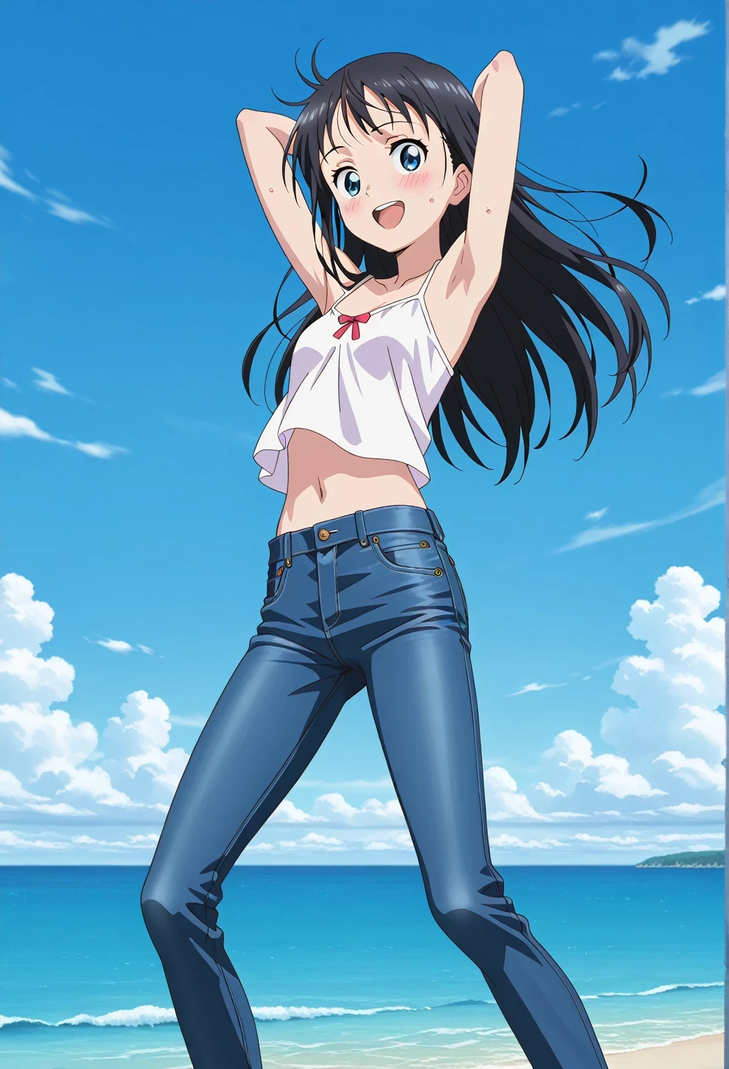 score_9, score_8_up, score_7_up, source_anime, highres, hi res, ((best quality, top quality, perfect quality, Highest Quality, amazing quality)), {{masterpiece}}, {{an extremely delicate and beautiful}}, 2d, intricate details, official style, anime, 8k, anime style, official_anime, official art, digital painting, cell shading, soft shading, high resolution, soothing tones, Subdued Color, Soft cinematic light, adobe lightroom, photolab, HDR, intricately and hyper-detailed, ((high quality animation)), 1 girl, Alone, solo, ((ocean)), tsunami, on the water, day, sunny, outdoors, sky, windy, hina_xl, 1girl, black hair, blue eyes, long hair, anime screencap, small breasts, white camisole top, crop top, white crop top, best quality, hyper-detailed jeans, ((blue jeans:1.9)), (dark blue jeans:0.6), full medium body, medium shot, Open mouth, smiling, happy face, blush, sweat, standing, ((arms behind head:6.0)), bowlegged, jumping pose, action, looking at viewer, spread legs, Bend knees slightly, straight-on front view