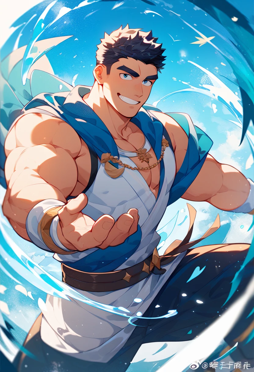 full body, swimming, fish man, merman, trident in hand, cloth clothes, green skin, fish bowl, throwing the spear, fundo branco
