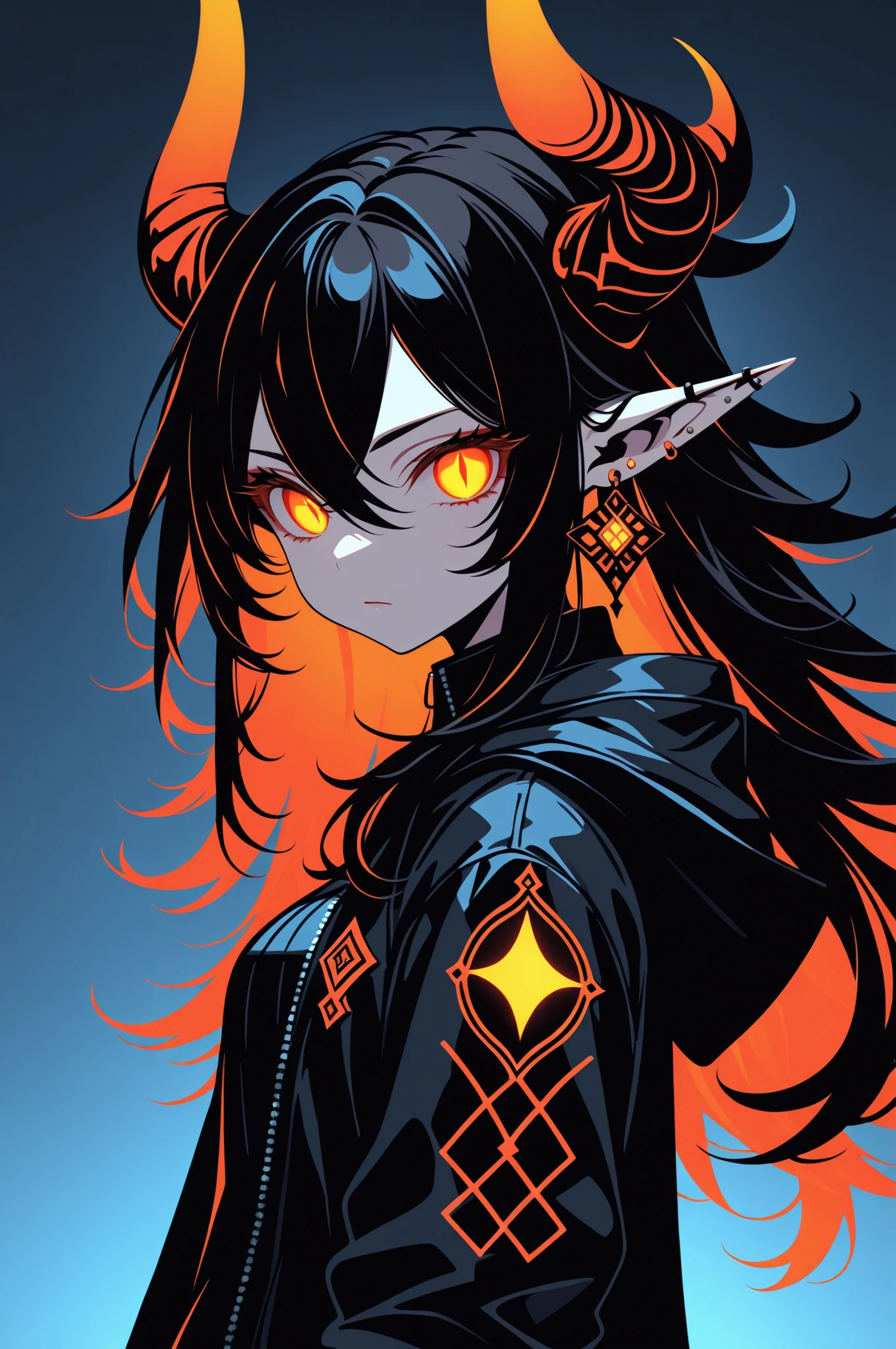 1girl, solo, dark fantasy, high contrast lighting, digital vector illustration,long hair, looking at viewer, bangs, black hair, hair between eyes, neon jewelry, closed mouth, jacket, upper body, multicolored hair, horns, pointy ears, from side, orange eyes, glowing, piercing, slit pupils, glowing eyes, masterpiece, absurdres