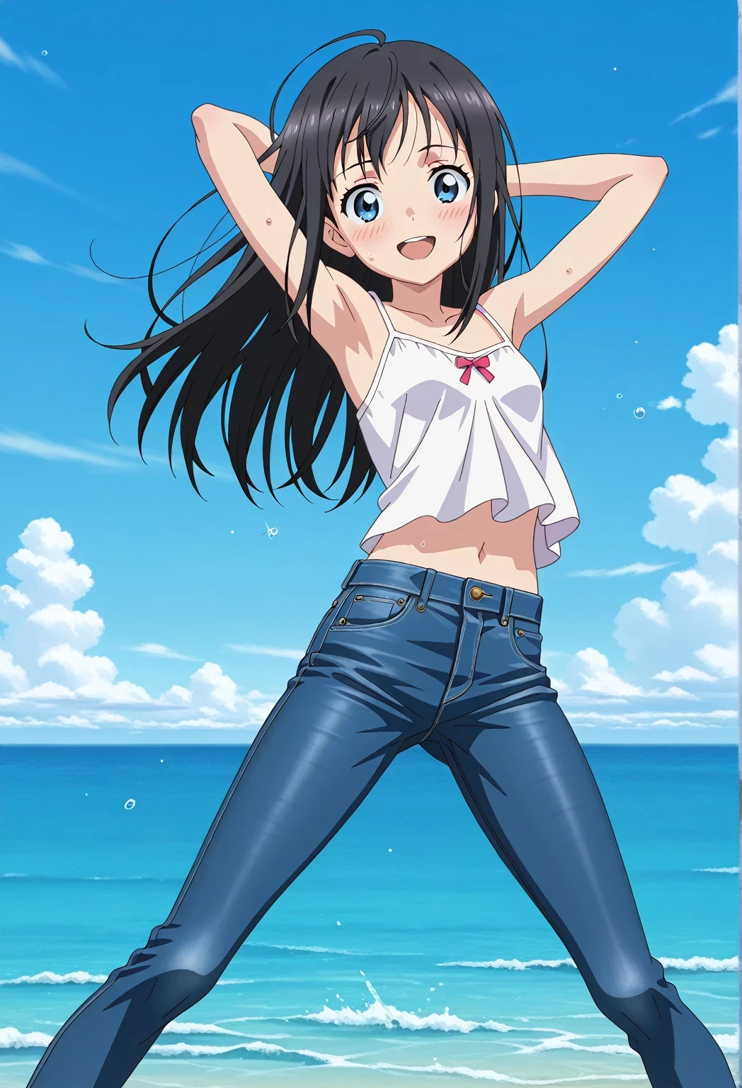 score_9, score_8_up, score_7_up, source_anime, highres, hi res, ((best quality, top quality, perfect quality, Highest Quality, amazing quality)), {{masterpiece}}, {{an extremely delicate and beautiful}}, 2d, intricate details, official style, anime, 8k, anime style, official_anime, official art, digital painting, cell shading, soft shading, high resolution, soothing tones, Subdued Color, Soft cinematic light, adobe lightroom, photolab, HDR, intricately and hyper-detailed, ((high quality animation)), 1 girl, Alone, solo, ((ocean)), tsunami, on the water, day, sunny, outdoors, sky, windy, hina_xl, 1girl, black hair, blue eyes, long hair, anime screencap, small breasts, white camisole top, crop top, white crop top, best quality, hyper-detailed jeans, ((blue jeans:1.9)), (dark blue jeans:0.6), full medium body, medium shot, Open mouth, smiling, happy face, blush, sweat, standing, ((arms behind head:6.0)), bowlegged, sliding pose, action, looking at viewer, spread legs, Bend knees slightly, straight-on front view
