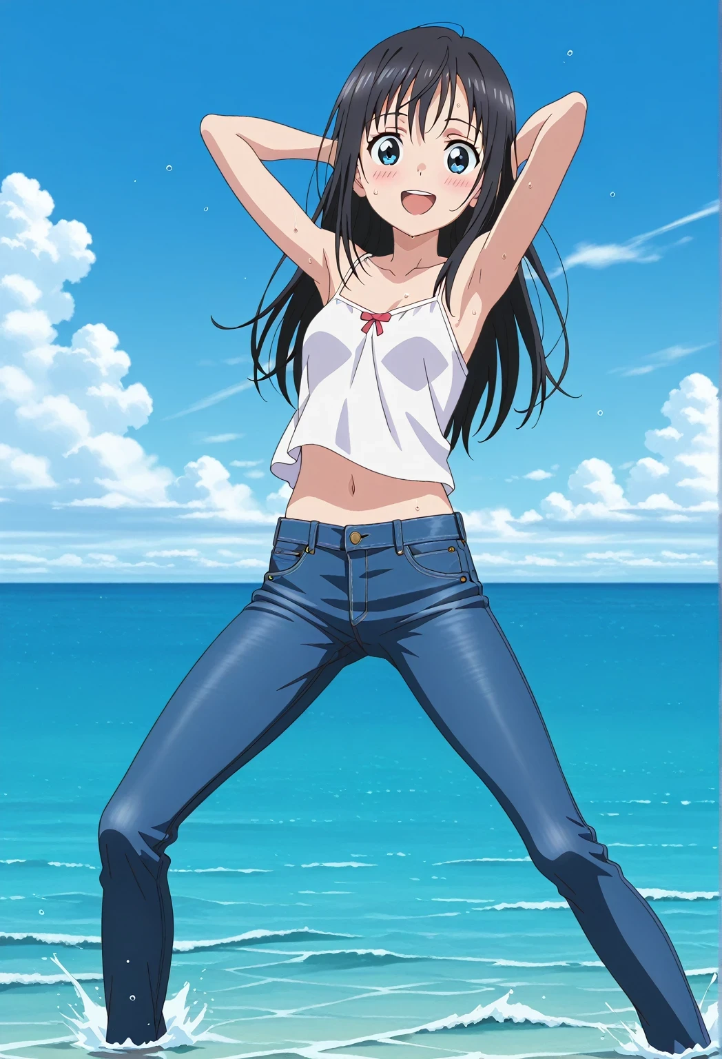 score_9, score_8_up, score_7_up, source_anime, highres, hi res, ((best quality, top quality, perfect quality, Highest Quality, amazing quality)), {{masterpiece}}, {{an extremely delicate and beautiful}}, 2d, intricate details, official style, anime, 8k, anime style, official_anime, official art, digital painting, cell shading, soft shading, high resolution, soothing tones, Subdued Color, Soft cinematic light, adobe lightroom, photolab, HDR, intricately and hyper-detailed, ((high quality animation)), 1 girl, Alone, solo, ((ocean)), tsunami, on the water, day, sunny, outdoors, sky, windy, hina_xl, 1girl, black hair, blue eyes, long hair, anime screencap, small breasts, white camisole top, crop top, white crop top, best quality, hyper-detailed jeans, ((blue jeans:1.9)), (dark blue jeans:0.6), full medium body, medium shot, Open mouth, smiling, happy face, blush, sweat, standing, ((arms behind head:6.0)), bowlegged, sliding pose, action, looking at viewer, spread legs, Bend knees slightly, straight-on front view