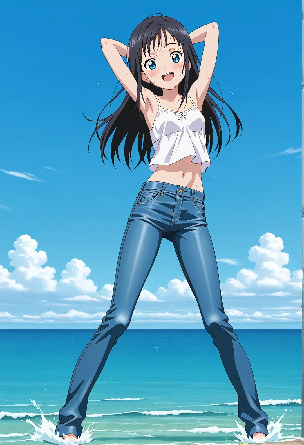 score_9, score_8_up, score_7_up, source_anime, highres, hi res, ((best quality, top quality, perfect quality, Highest Quality, amazing quality)), {{masterpiece}}, {{an extremely delicate and beautiful}}, 2d, intricate details, official style, anime, 8k, anime style, official_anime, official art, digital painting, cell shading, soft shading, high resolution, soothing tones, Subdued Color, Soft cinematic light, adobe lightroom, photolab, HDR, intricately and hyper-detailed, ((high quality animation)), 1 girl, Alone, solo, ((ocean)), tsunami, on the water, day, sunny, outdoors, sky, windy, hina_xl, 1girl, black hair, blue eyes, long hair, anime screencap, small breasts, white camisole top, crop top, white crop top, best quality, hyper-detailed jeans, ((blue jeans:1.9)), (dark blue jeans:0.6), full medium body, medium shot, Open mouth, smiling, happy face, blush, sweat, standing, ((arms behind head:6.0)), bowlegged, sliding pose, action, looking at viewer, spread legs, Bend knees slightly, straight-on front view