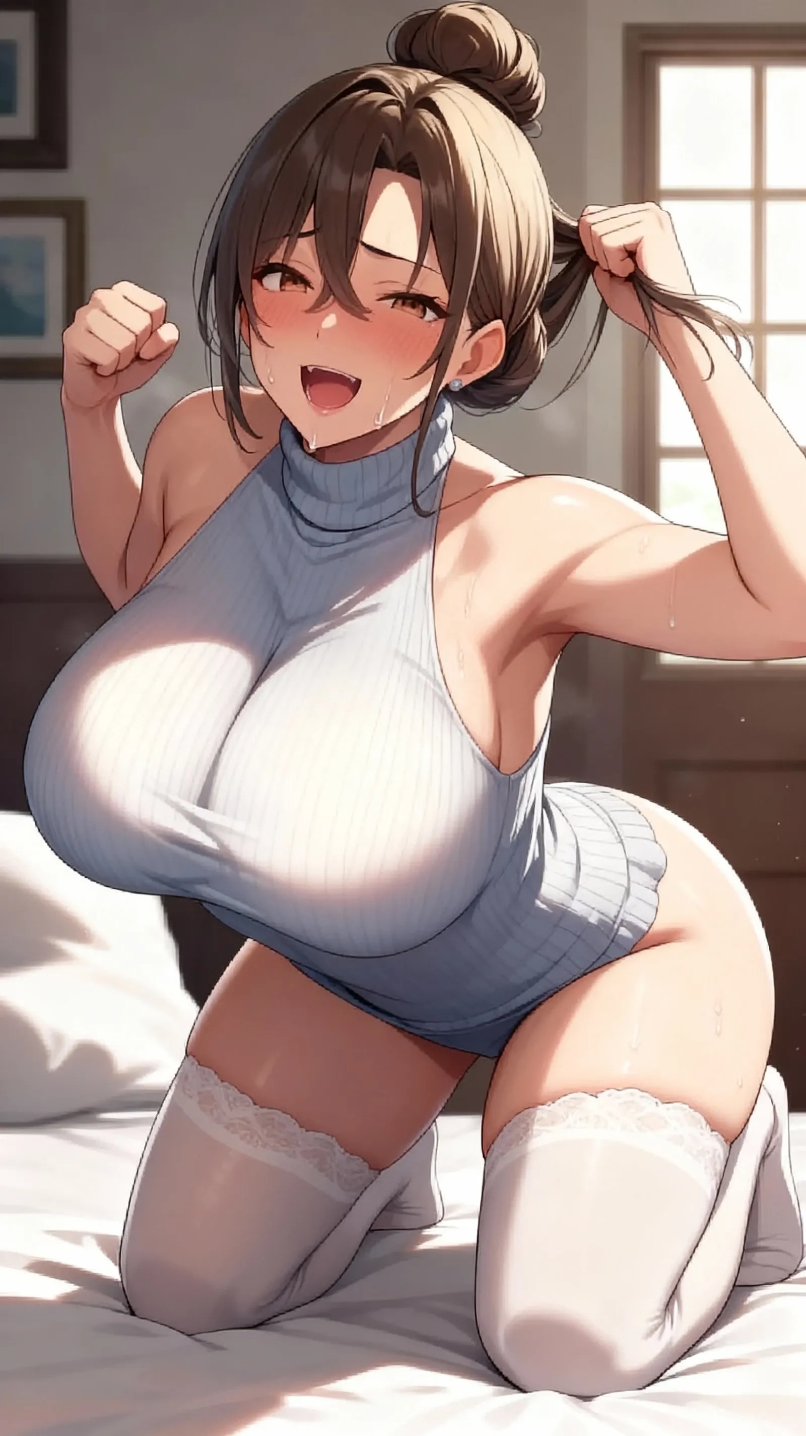 (masterpiece), best quality, (warm color:1.2), (warm lighting:1.2), full body, expressive eyes, beautiful elegant face, drunk expression, {{SakurajimaMai:1.2}}, ((Sakurajima Mai)), black hair, bangs, blue eyes, hairclips, bunny hairclip, 1 girl, looking at viewer, in bedroom, (((warm skin tone))), blushing, (sensual expression:1.2), smiling, (sensual pose:1.2), (high quality, 8k, 4K, High Contrast, masterpiece:1.2, 最high quality, Best aesthetics), (wet clothing:1.6), (white crop top:1.8), (????????????????????:1.8), Very detailed, (huge round ???????:1.8), ((small perky ???????)),  (muscular shoulders:1.5), (muscular arms:1.4), (curvy figure:1.3), (muscular body:1.8), (defined midriff:1.4), (abs:0.7), (toned:0.8), ((excessive ??? on her entire body:1.4)), ((she is completely covered with ???)), ((??? on her face:1.6)), (overflowing with thick white ???:1.2)