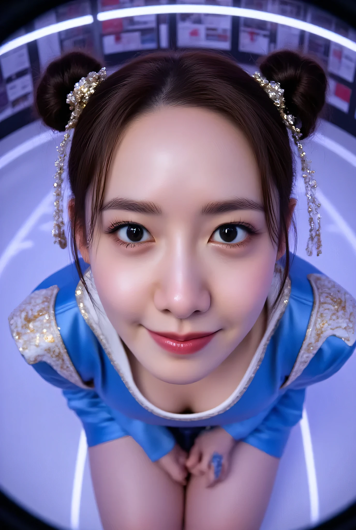 Fisheye, (Face-focus:1.3), (8mm Fisheye lens:1.3), fisheye curvature applied to her face eyes chin and lips, extreme wide-angle distortion, warped perspective, curved lines, 180° field of view, Yoona in a Chun-Li from Street Fighter cosplay, high downward angle face close-up from overhead, bright makeup, smiles with her teeth visible, plump and fleshy lips, her protruding and oversized chin that is exaggerated by fisheye lens dominates the frame, her face distorted by fisheye perspective, she is looking directly at the viewer, (wrinkly face:1.3), her eyes are smothered in smoky black eyeshadow with dramatic winged eyeliner, outrageously long and voluminous lash extensions, long neck, peach blush on her cheeks, black mascara, fluorescent lighting, two oxhorns hairstyle(two high buns) adorned with white silk brocades and ribbons, blue qipao with golden accents, puffy sleeves and a white waistband, kneeling with her knees on the floor, leaning on both her hands that are concealed between her bare thighs.

BREAK

masterpiece, best quality, high resolution, ultra-detailed, volumetric lighting, detailed hair, detailed eyes, detailed face within fisheye distortion, features distorted by extreme wide-angle perspective, exquisitely rendered, dramatic shading, subsurface scattering, score_9, score_8_up, score_7_up


