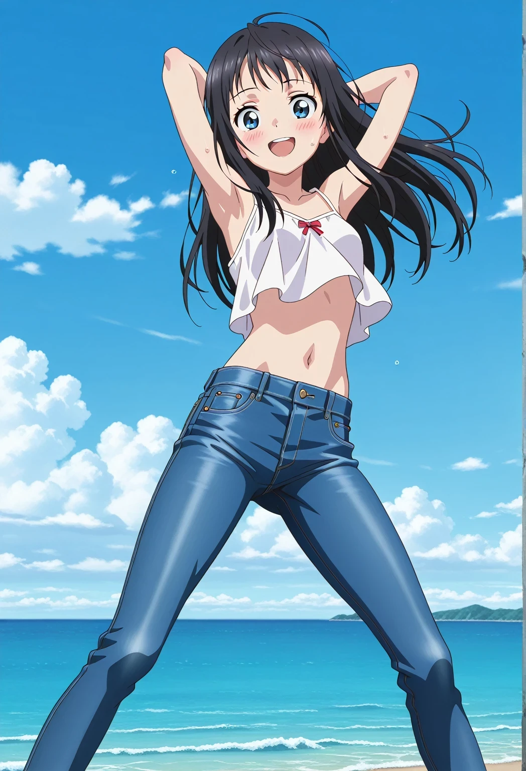 score_9, score_8_up, score_7_up, source_anime, highres, hi res, ((best quality, top quality, perfect quality, Highest Quality, amazing quality)), {{masterpiece}}, {{an extremely delicate and beautiful}}, 2d, intricate details, official style, anime, 8k, anime style, official_anime, official art, digital painting, cell shading, soft shading, high resolution, soothing tones, Subdued Color, Soft cinematic light, adobe lightroom, photolab, HDR, intricately and hyper-detailed, ((high quality animation)), 1 girl, Alone, solo, ((ocean)), tsunami, on the water, day, sunny, outdoors, sky, windy, hina_xl, 1girl, black hair, blue eyes, long hair, anime screencap, small breasts, white camisole top, crop top, white crop top, best quality, hyper-detailed jeans, ((blue jeans:1.9)), (dark blue jeans:0.6), full medium body, medium shot, Open mouth, smiling, happy face, blush, sweat, standing, ((arms behind head:6.0)), bowlegged, jumping pose, action, looking at viewer, spread legs, Bend knees slightly, straight-on front view