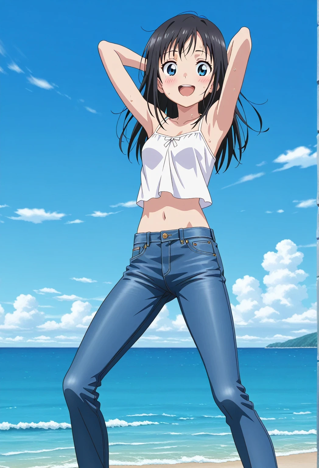 score_9, score_8_up, score_7_up, source_anime, highres, hi res, ((best quality, top quality, perfect quality, Highest Quality, amazing quality)), {{masterpiece}}, {{an extremely delicate and beautiful}}, 2d, intricate details, official style, anime, 8k, anime style, official_anime, official art, digital painting, cell shading, soft shading, high resolution, soothing tones, Subdued Color, Soft cinematic light, adobe lightroom, photolab, HDR, intricately and hyper-detailed, ((high quality animation)), 1 girl, Alone, solo, ((ocean)), tsunami, on the water, day, sunny, outdoors, sky, windy, hina_xl, 1girl, black hair, blue eyes, long hair, anime screencap, small breasts, white camisole top, crop top, white crop top, best quality, hyper-detailed jeans, ((blue jeans:1.9)), (dark blue jeans:0.6), full medium body, medium shot, Open mouth, smiling, happy face, blush, sweat, standing, ((arms behind head:6.0)), bowlegged, jumping pose, action, looking at viewer, spread legs, Bend knees slightly, straight-on front view
