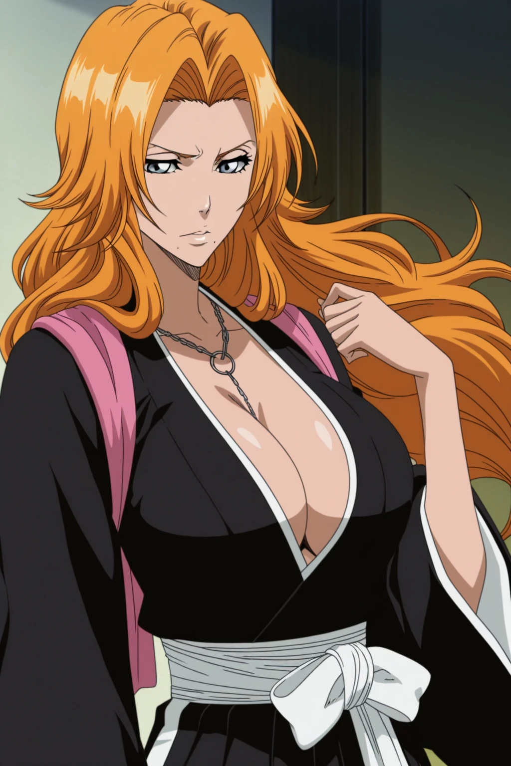 Generate an anime-style image of Rangiku Matsumoto from Bleach. She is a tall, confident woman with long, orange hair styled in loose waves. She wears a traditional Soul Reaper (Shinigami) uniform consisting of a black kimono with a deep neckline, tied with a white sash at the waist. Over the kimono, she has a pink sleeveless haori draped casually over her shoulders. Rangiku is carrying a katana at her side. Her pose is relaxed, with one hand resting on her hip and the other raised to touch her chin thoughtfully. Her expression is calm and slightly amused, capturing her laid-back yet sharp personality, with super curvy figure, super enormous ??????? which is making her struggle to stand, with big ???? 