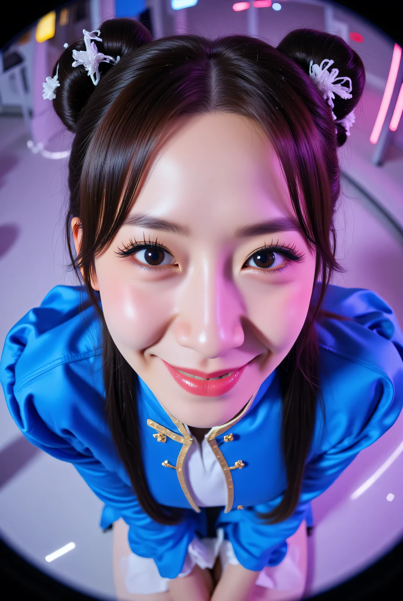 Fisheye, (Face-focus:1.3), (8mm Fisheye lens:1.3), fisheye curvature applied to her face eyes chin and lips, extreme wide-angle distortion, warped perspective, curved lines, 180° field of view, Yoona in a Chun-Li from Street Fighter cosplay, high downward angle face close-up from overhead, bright makeup, smiles with her teeth visible, plump and fleshy lips, her protruding and oversized chin that is exaggerated by fisheye lens dominates the frame, her face distorted by fisheye perspective, she is looking directly at the viewer, (wrinkly face:1.3), her eyes are smothered in smoky black eyeshadow with dramatic winged eyeliner, outrageously long and voluminous lash extensions, long neck, peach blush on her cheeks, black mascara, fluorescent lighting, two oxhorns hairstyle(two high buns) adorned with white silk brocades and ribbons, blue qipao with golden accents, puffy sleeves and a white waistband, kneeling with her knees on the floor, leaning on both her hands that are concealed between her bare thighs.

BREAK

masterpiece, best quality, high resolution, ultra-detailed, volumetric lighting, detailed hair, detailed eyes, detailed face within fisheye distortion, features distorted by extreme wide-angle perspective, exquisitely rendered, dramatic shading, subsurface scattering, score_9, score_8_up, score_7_up

