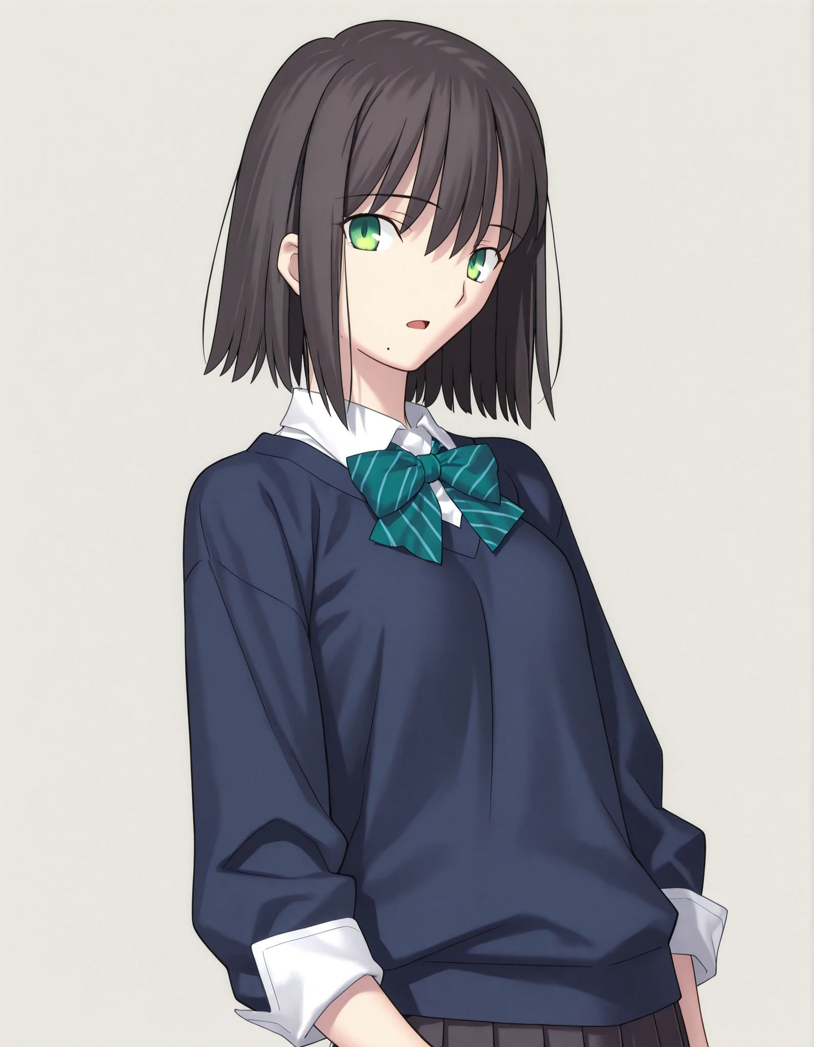 masterpiece, absurdres, highres, detailed background, high resolution, necessary, detail, best quality, quality, necessary, details, High details, Precise ,detailed face,
Takeuchi Takashi (type-moon,fate) style,
solo, nsfw,
official art, <lora:Kano_Minami_ILXL:0 . 8> ,minami kano, medium hair, mole under mouth, one mole , ((inverted short cut hair)) ,(long sidelocks), pale skin,
, ((black hair)), long bangs, , yellow and dark green eyes, (detailed beautiful eyes), (tareme) ,bracelet, (three-quarter sleeves, sleeve cuffs, dark blue sweater, white shirt, collared shirt ,stripe bowtie), , dark gray skirt, pleated long skirt, , (small breasts), , (aged up:1.2),
no background, white background,
solo, , upper body, looking at viewer, standing, join hands behind body, parted lip, dutch angle, face close-up, open mouth,