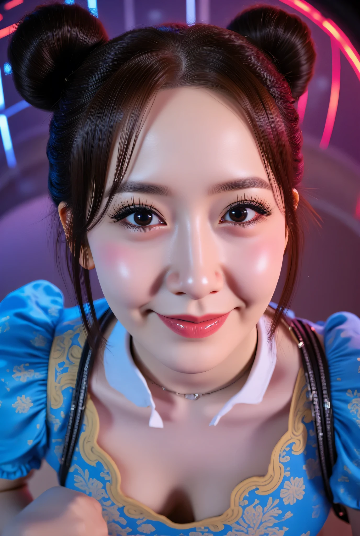 Fisheye, (Face-focus:1.3), (8mm Fisheye lens:1.3), fisheye curvature applied to her face eyes chin and lips, extreme wide-angle distortion, warped perspective, curved lines, 180° field of view, Yoona in a Chun-Li from Street Fighter cosplay, high downward angle face close-up from overhead, bright makeup, smiles with her teeth visible, plump and fleshy lips, her protruding and oversized chin that is exaggerated by fisheye lens dominates the frame, her face distorted by fisheye perspective, she is looking directly at the viewer, (wrinkly face:1.3), her eyes are smothered in smoky black eyeshadow with dramatic winged eyeliner, outrageously long and voluminous lash extensions, long neck, peach blush on her cheeks, black mascara, fluorescent lighting, two oxhorns hairstyle(two high buns) adorned with white silk brocades and ribbons, blue qipao with golden accents, puffy sleeves and a white waistband, kneeling with her knees on the floor, leaning on both her hands that are concealed between her bare thighs.
BREAK
masterpiece, best quality, high resolution, ultra-detailed, volumetric lighting, detailed hair, detailed eyes, detailed face within fisheye distortion, features distorted by extreme wide-angle perspective, exquisitely rendered, dramatic shading, subsurface scattering, score_9, score_8_up, score_7_up