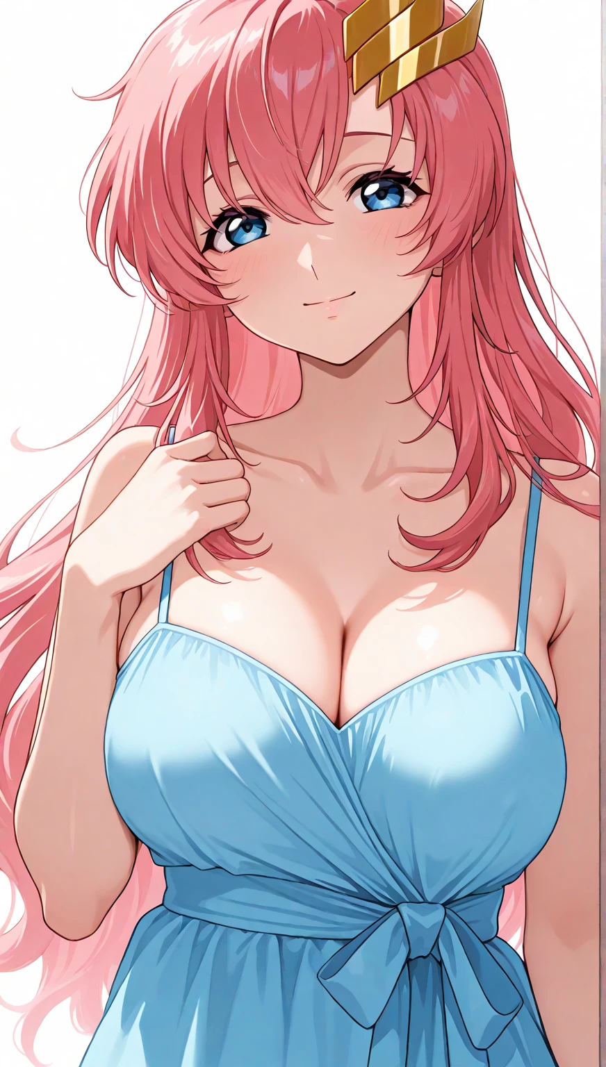 ( masterpiece, ultra-detailed , mejor quality, Clear focus, shadow, anime-style, ultra high resolution, 8K, perfect anatomy, perfect face , (cara detallada), ( Detailed eye ), Punctuation_9, pPunctuation_8_above, pPunctuation_7_above, pPunctuation_6_above, pPunctuation_5_above, pPunctuation_4_above, source _animated, Label 1, Label2, quality_ masterpiece, Anatomically Correct , beautiful face, perfect face , Beautiful and very detailed face and eyes, attractive face , cara detallada, Delicate facial features, detailed leather, huge breasts , wide hips , Gigantic butt , thick thighs. A beautiful anime-style girl on the beach . The character has long, wavy pink hair , partially tucked back , which highlights her smiling and relaxed face . Her bright blue eyes express joy and warmth , while a soft blush on her cheeks Add a touch of tenderness .
She wears a light white blouse , tied at the front , that reveals her abdomen . Below, you can see red bikini straps that complement the outfit . The design of the set evokes a sense of freshness and casual style , ideal for a sunny day .
The background suggests a beach setting , with visible sand and light tones that reflect sunlight . The natural lighting of the scene enhances the details of the character , creating an attractive contrast between her pink hair and the warm environment that surrounds her.