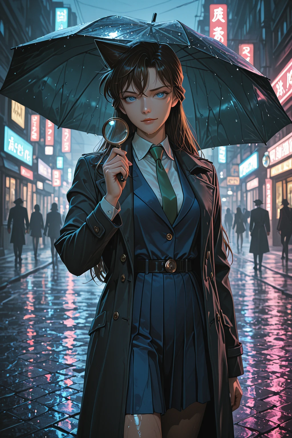 masterpiece, best quality, absurdres, highres, newest, 1female, twenty-nine year old female,black hair, wavy hair, side pigtail hair, emerald green eyes, (glasses), lips, serious expression, dark blue lethal jacket, black pinstriped sweater, (dark blue pleated skirt, miniskirt), full black tights, black combat boots, perfect ???????, standing kung fu stance, loosely inspired by Diana Riggs, loosely inspired from Juile Andrews, loosely inspired from Anna Williams from Tekken, loosely inspired by Scarlett Johansson, one hand holds a parasol that operates like an helicopter, the other hand holds a glock 17 pistol with suppressor, London street background, rain, cinematic lighting