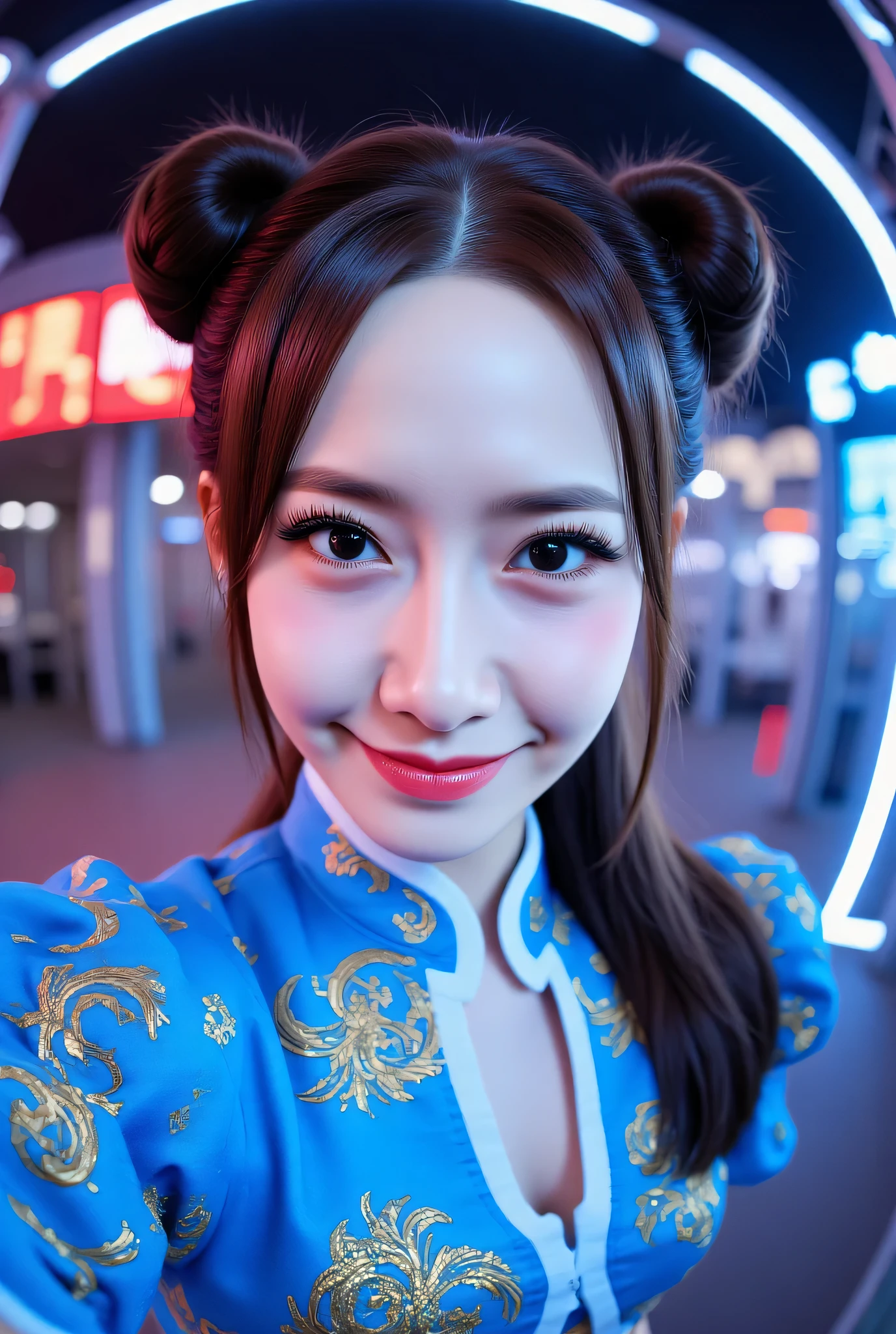 Fisheye, (Face-focus:1.3), (8mm Fisheye lens:1.3), fisheye curvature applied to her face eyes chin and lips, extreme wide-angle distortion, warped perspective, curved lines, 180° field of view, Yoona in a Chun-Li from Street Fighter cosplay, face close-up, bright makeup, smiles with her teeth visible, plump and fleshy lips, her protruding and oversized chin that is exaggerated by fisheye lens dominates the frame, her face distorted by fisheye perspective, she is looking directly at the viewer, (wrinkly face:1.3), her eyes are smothered in smoky black eyeshadow with dramatic winged eyeliner, outrageously long and voluminous lash extensions, long neck, peach blush on her cheeks, black mascara, fluorescent lighting, two oxhorns hairstyle(two high buns) adorned with white silk brocades and ribbons, blue qipao with golden accents, puffy sleeves and a white waistband.

BREAK

masterpiece, best quality, high resolution, ultra-detailed, volumetric lighting, detailed hair, detailed eyes, detailed face within fisheye distortion, features distorted by extreme wide-angle perspective, exquisitely rendered, dramatic shading, subsurface scattering, score_9, score_8_up, score_7_up


