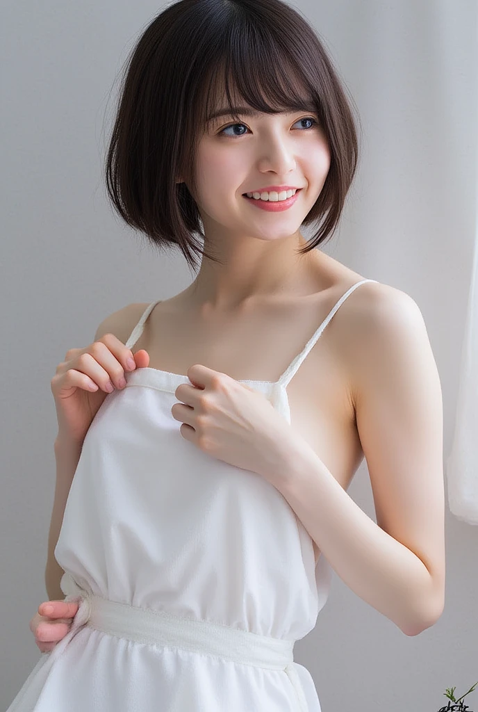 Two girls standing at ear window in school classroom,White dress,break,bangs,smile,Short hair with low pigtails,from before,Front light,((12 year old 、slender、delicate、 clavicle and flat 、Very small ))、My whole body is soaked