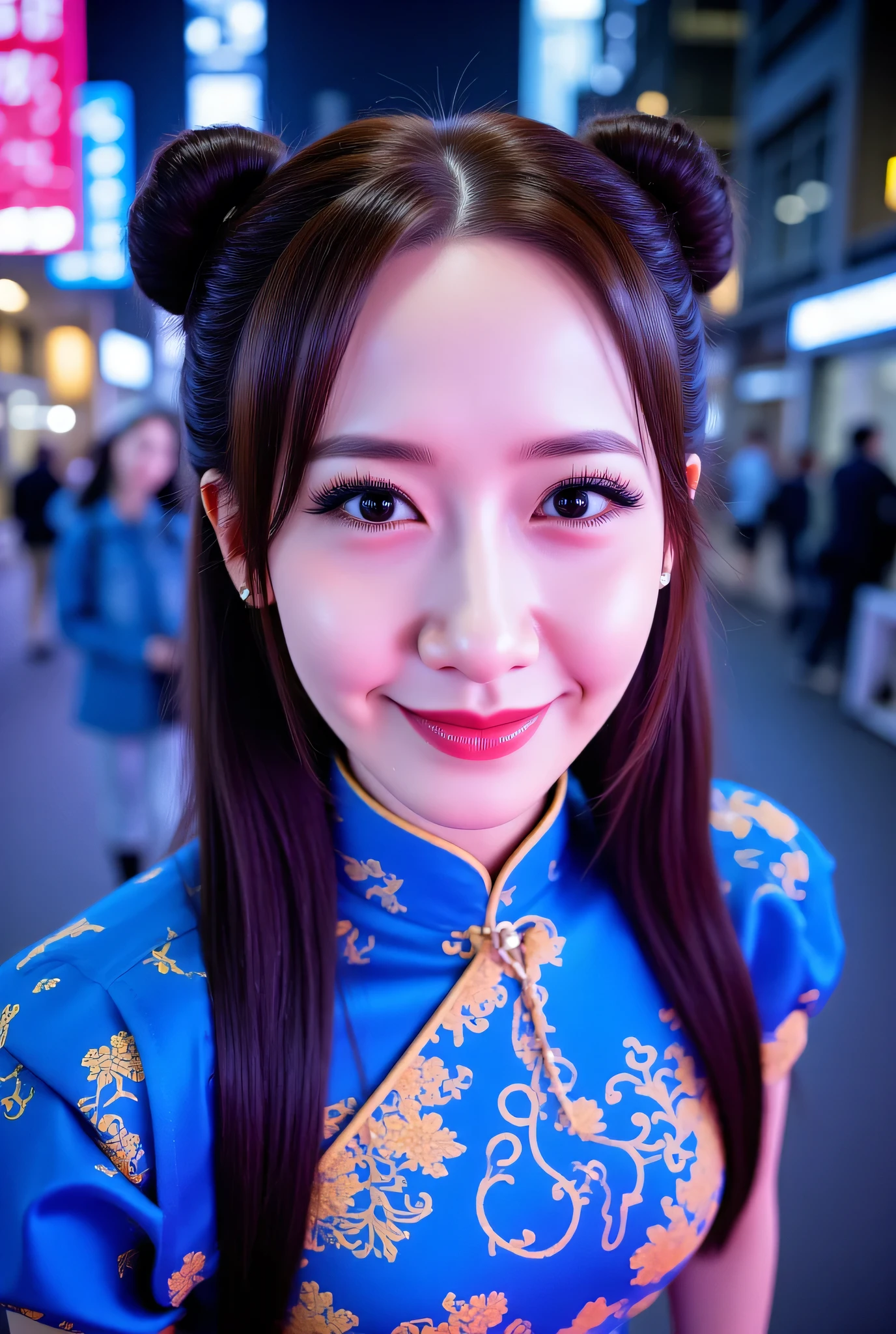 Fisheye, (Face-focus:1.3), (8mm Fisheye lens:1.3), fisheye curvature applied to her face eyes chin and lips, extreme wide-angle distortion, warped perspective, curved lines, 180° field of view, Yoona in a Chun-Li from Street Fighter cosplay, face close-up, bright makeup, smiles with her teeth visible, plump and fleshy lips, her protruding and oversized chin that is exaggerated by fisheye lens dominates the frame, her face distorted by fisheye perspective, she is looking directly at the viewer, (wrinkly face:1.3), her eyes are smothered in smoky black eyeshadow with dramatic winged eyeliner, outrageously long and voluminous lash extensions, long neck, peach blush on her cheeks, black mascara, fluorescent lighting, two oxhorns hairstyle(two high buns) adorned with white silk brocades and ribbons, blue qipao with golden accents, puffy sleeves.
BREAK
masterpiece, best quality, high resolution, ultra-detailed, volumetric lighting, detailed hair, detailed eyes, detailed face within fisheye distortion, features distorted by extreme wide-angle perspective, exquisitely rendered, dramatic shading, subsurface scattering, score_9, score_8_up, score_7_up