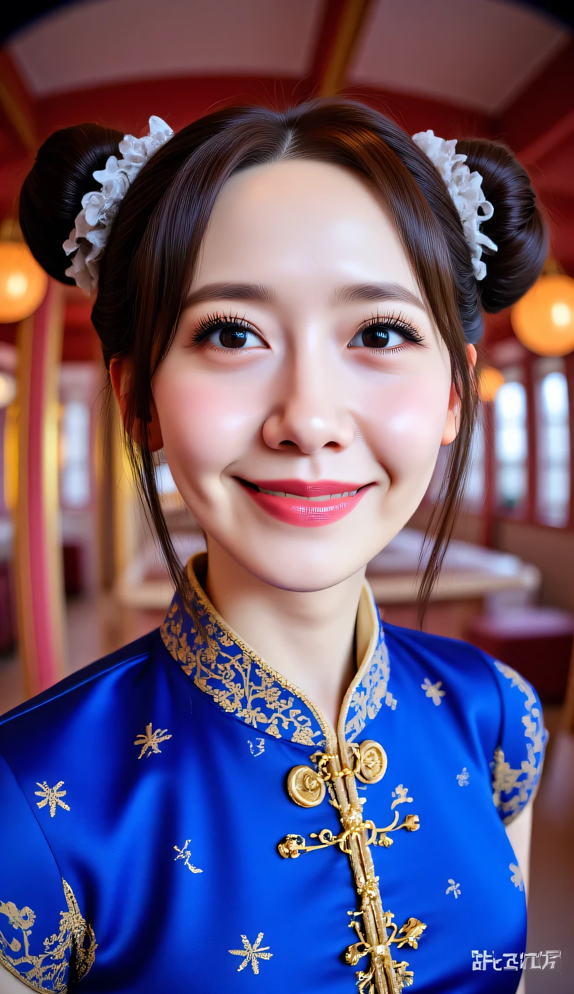 Fisheye, (Face-focus:1.3), (8mm Fisheye lens:1.3), fisheye curvature applied to her face eyes chin and lips, extreme wide-angle distortion, warped perspective, curved lines, 180° field of view, Yoona in a Chun-Li from Street Fighter cosplay, face close-up, bright makeup, smiles with her teeth visible, plump and fleshy lips, her protruding and oversized chin that is exaggerated by fisheye lens dominates the frame, her face distorted by fisheye perspective, she is looking directly at the viewer, (wrinkly face:1.3), her eyes are smothered in smoky black eyeshadow with dramatic winged eyeliner, outrageously long and voluminous lash extensions, long neck, peach blush on her cheeks, black mascara, fluorescent lighting, two oxhorns hairstyle(two high buns) adorned with white silk brocades and ribbons, blue qipao with golden accents, puffy sleeves.
BREAK
masterpiece, best quality, high resolution, ultra-detailed, volumetric lighting, detailed hair, detailed eyes, detailed face within fisheye distortion, features distorted by extreme wide-angle perspective, exquisitely rendered, dramatic shading, subsurface scattering, score_9, score_8_up, score_7_up