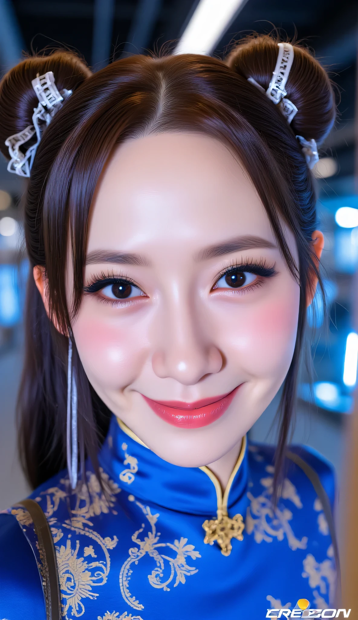 Fisheye, (Face-focus:1.3), (8mm Fisheye lens:1.3), fisheye curvature applied to her face eyes chin and lips, extreme wide-angle distortion, warped perspective, curved lines, 180° field of view, Yoona in a Chun-Li from Street Fighter cosplay, face close-up, bright makeup, smiles with her teeth visible, plump and fleshy lips, her protruding and oversized chin that is exaggerated by fisheye lens dominates the frame, her face distorted by fisheye perspective, she is looking directly at the viewer, (wrinkly face:1.3), her eyes are smothered in smoky black eyeshadow with dramatic winged eyeliner, outrageously long and voluminous lash extensions, long neck, peach blush on her cheeks, black mascara, fluorescent lighting, two oxhorns hairstyle(two high buns) adorned with white silk brocades and ribbons, blue qipao with golden accents, puffy sleeves.
BREAK
masterpiece, best quality, high resolution, ultra-detailed, volumetric lighting, detailed hair, detailed eyes, detailed face within fisheye distortion, features distorted by extreme wide-angle perspective, exquisitely rendered, dramatic shading, subsurface scattering, score_9, score_8_up, score_7_up