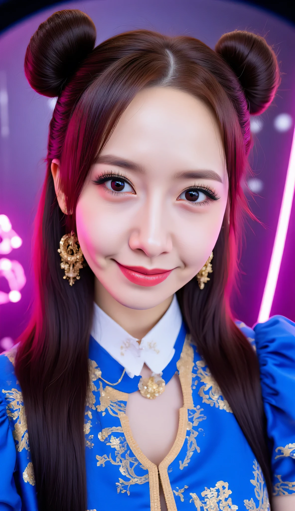 Fisheye, (Face-focus:1.3), (8mm Fisheye lens:1.3), fisheye curvature applied to her face eyes chin and lips, extreme wide-angle distortion, warped perspective, curved lines, 180° field of view, Yoona in a Chun-Li from Street Fighter cosplay, face close-up, bright makeup, smiles with her teeth visible, plump and fleshy lips, her protruding and oversized chin that is exaggerated by fisheye lens dominates the frame, her face distorted by fisheye perspective, she is looking directly at the viewer, (wrinkly face:1.3), her eyes are smothered in smoky black eyeshadow with dramatic winged eyeliner, outrageously long and voluminous lash extensions, long neck, peach blush on her cheeks, black mascara, fluorescent lighting, two oxhorns hairstyle(two high buns) adorned with white silk brocades and ribbons, blue qipao with golden accents, puffy sleeves.

BREAK

masterpiece, best quality, high resolution, ultra-detailed, volumetric lighting, detailed hair, detailed eyes, detailed face within fisheye distortion, features distorted by extreme wide-angle perspective, exquisitely rendered, dramatic shading, subsurface scattering, score_9, score_8_up, score_7_up

