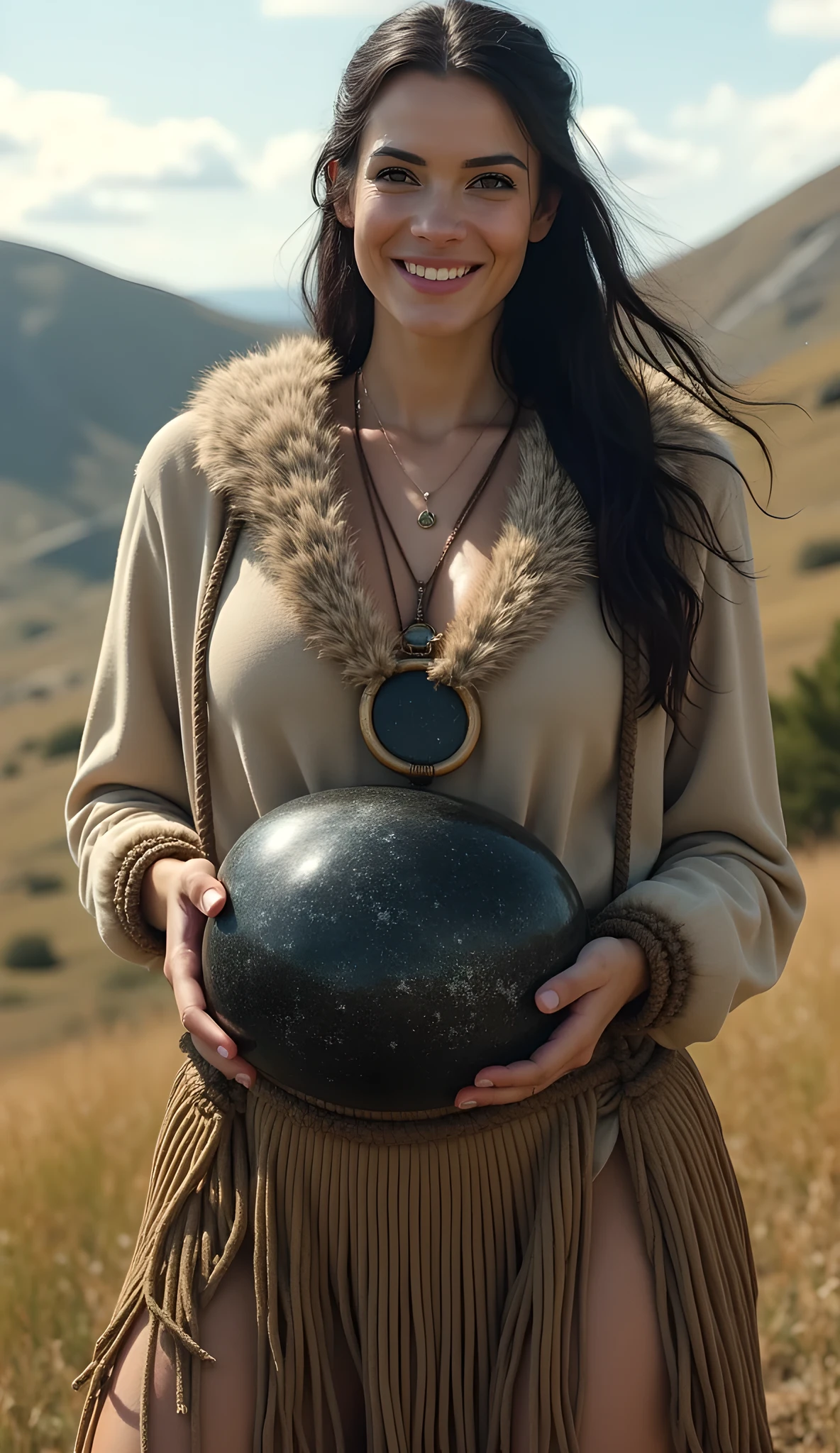 Stone age era, (prehistoric age era:1.6), ((Realistic cinematography cinematic close-up angle depth intense details of realistically stunning tundra landscape scenery)),(cinematic close-up),focusing on a beautiful happy turk female standing,cinematic potrait,holding and carrying a realistic big size Stone realistic crystallized obsidian shining stone,,(every features are depicted clearly),(realistically and intricately depicting scenery),((prehistoric age)),,(wearing primitive long size fur fabric cloak tunic dressing|fully wool woven kimono dress enveloping her whole body),long skirt,(perfectly depth symmetrically precisely busty full body shaped),(cinematic dynamically camera widely angle scenery:accurately depicted:1.3),the lively prehistoric cradle of historcal depicting scenery,afternoon,realistically full depth,summer season,(cinematography dynamic angle|hyperrealistic:realistic scenery:3d texture over the scenery),best videography angle,hdr,masterpiece,4K,(cinematography vibe),primordial folk fabric wardrobe,(dynamic image composition),(octane 3d rendering|50mm lens shot:1.3),(precise lifelike human depiction:realism),(best rule of third photography composition),(best image aperture),(full details depth of field),(best shutter speed),(RAW photo image),(photorealistic|photorealism:hyperrealism style),(realistic depth 3d:cgi:1.3),(trending on cgsociety:devianart:unreal engine 5),,(best photography:national Geographic style), bronzePunkAi and sandalPunkAi artwork, digital art,best lighting concept,(realistic intricately fixed fully accurate human's anatomy body+hands+and+fingers anatomical),natural motion,inspired by farcry5 game artwork, SFW,
