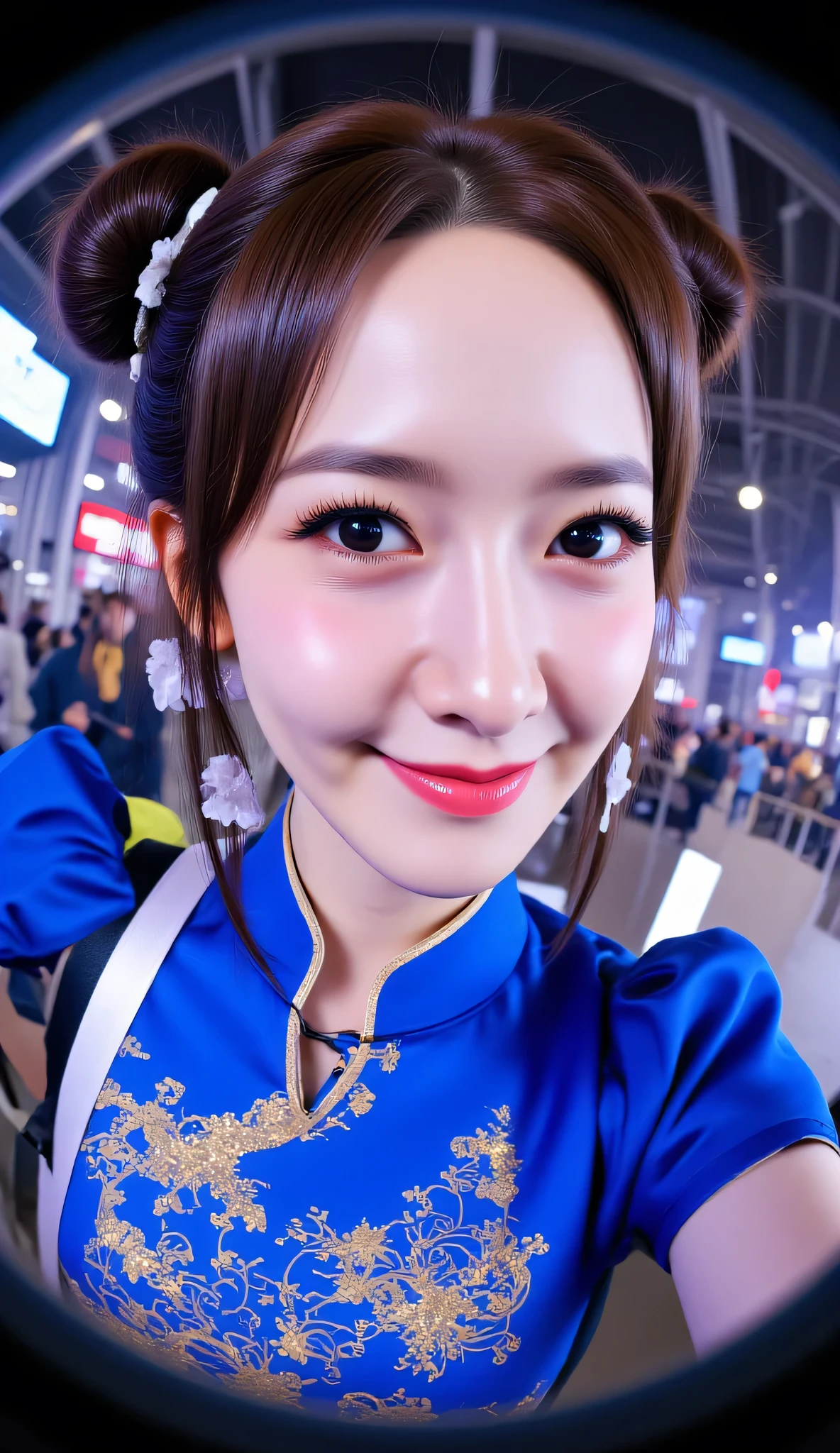 Fisheye, (Face-focus:1.3), (8mm Fisheye lens:1.3), fisheye curvature applied to her face eyes chin and lips, extreme wide-angle distortion, warped perspective, curved lines, 180° field of view, Yoona in a Chun-Li from Street Fighter cosplay, face close-up, bright makeup, smiles with her teeth visible, plump and fleshy lips, her protruding and oversized chin that is exaggerated by fisheye lens dominates the frame, her face distorted by fisheye perspective, she is looking directly at the viewer, (wrinkly face:1.3), her eyes are smothered in smoky black eyeshadow with dramatic winged eyeliner, outrageously long and voluminous lash extensions, long neck, peach blush on her cheeks, black mascara, fluorescent lighting, two oxhorns hairstyle(two high buns) adorned with white silk brocades and ribbons, blue qipao with golden accents, puffy sleeves.
BREAK
masterpiece, best quality, high resolution, ultra-detailed, volumetric lighting, detailed hair, detailed eyes, detailed face within fisheye distortion, features distorted by extreme wide-angle perspective, exquisitely rendered, dramatic shading, subsurface scattering, score_9, score_8_up, score_7_up