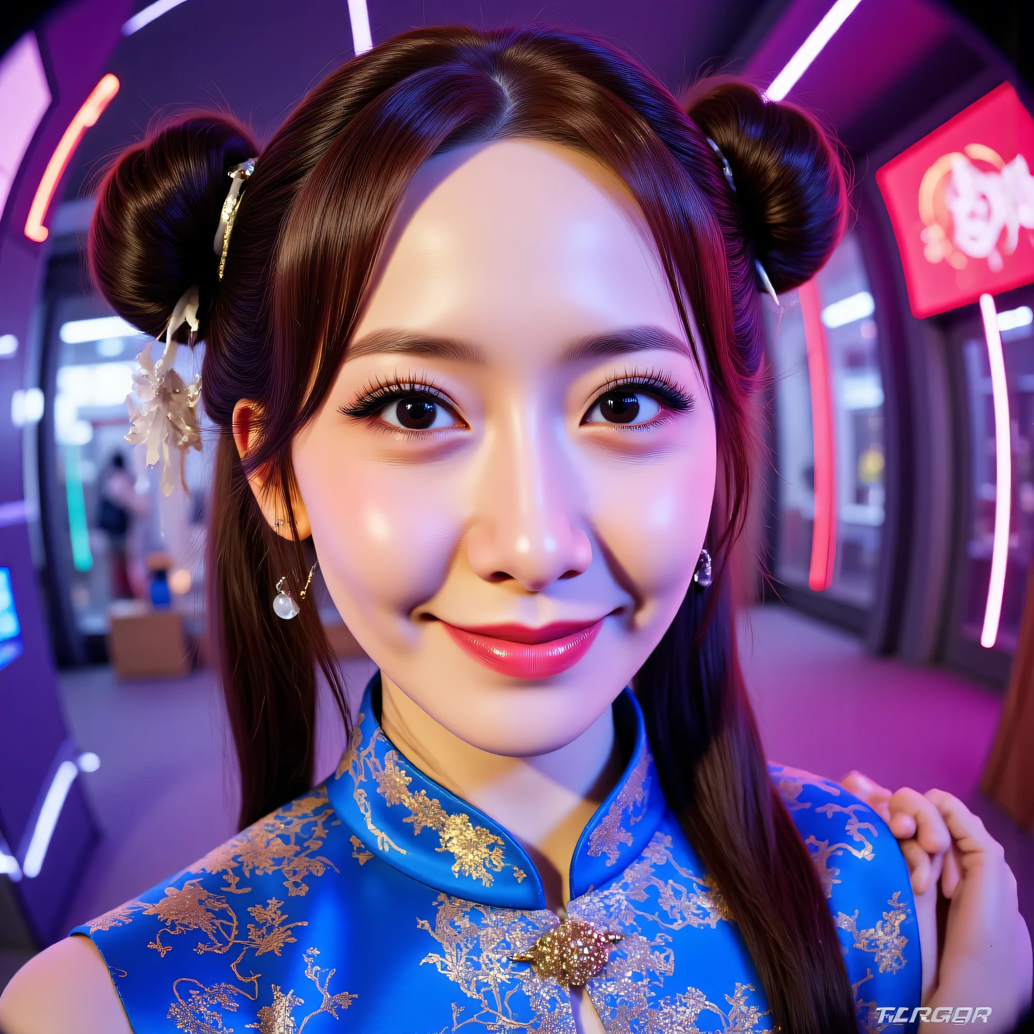 Fisheye, (Face-focus:1.3), (8mm Fisheye lens:1.3), fisheye curvature applied to her face eyes chin and lips, extreme wide-angle distortion, warped perspective, curved lines, 180° field of view, Yoona in a Chun-Li from Street Fighter cosplay, face close-up, bright makeup, smiles with her teeth visible, plump and fleshy lips, her protruding and oversized chin that is exaggerated by fisheye lens dominates the frame, her face distorted by fisheye perspective, she is looking directly at the viewer, (wrinkly face:1.3), her eyes are smothered in smoky black eyeshadow with dramatic winged eyeliner, outrageously long and voluminous lash extensions, long neck, peach blush on her cheeks, black mascara, fluorescent lighting, two oxhorns hairstyle(two high buns) adorned with white silk brocades and ribbons, blue qipao with golden accents, puffy sleeves.
BREAK
masterpiece, best quality, high resolution, ultra-detailed, volumetric lighting, detailed hair, detailed eyes, detailed face within fisheye distortion, features distorted by extreme wide-angle perspective, exquisitely rendered, dramatic shading, subsurface scattering, score_9, score_8_up, score_7_up