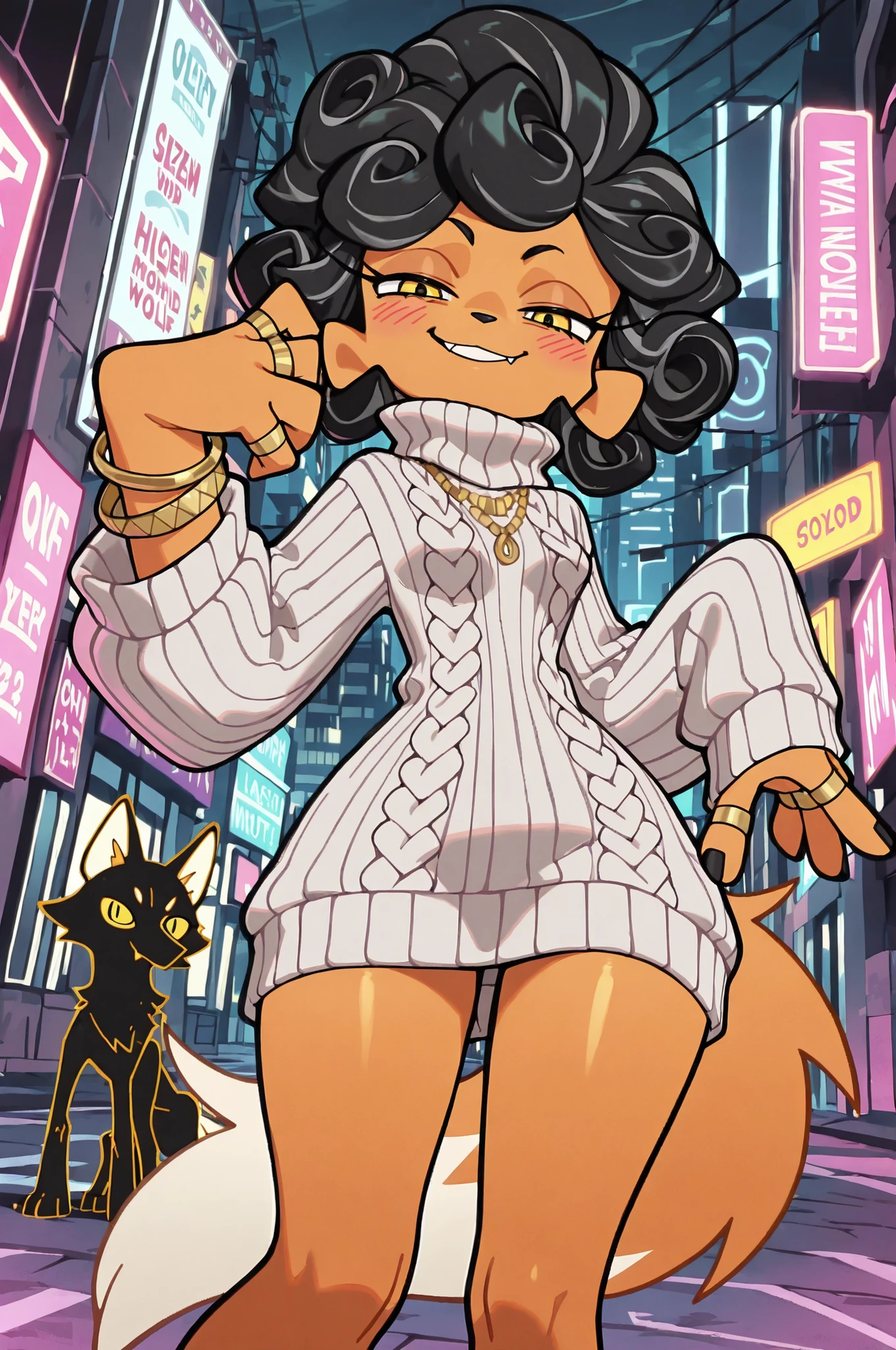 best quality, masterpiece \(quality\), L0LSPL4SH, year2024, year2023, West Studio, sixmorevodka, 1girl, by Riolutiny, solo, anthro_only, ((maned wolf)), fluffy, small breasts, (wide hips), ((oversized sweater)), ((jewelry, rings, bracelets, necklace)), ((round ears)), fluffy hair, black hair, mohawk, tall dommy mommy, L0LSPL4SH, blurry foreground, blurry background, IllusP0s, cyberpunk, looking at viewer, long eyelashes, hyperhandles, long black nails, black paw pads, (dynamic angle, stand up, lazy posture, blushing, smug face, parted lips, stunned, 3/4 view), (sexy, posted on E621), ((golden tusks)), yellow eyes, ((curly hair))