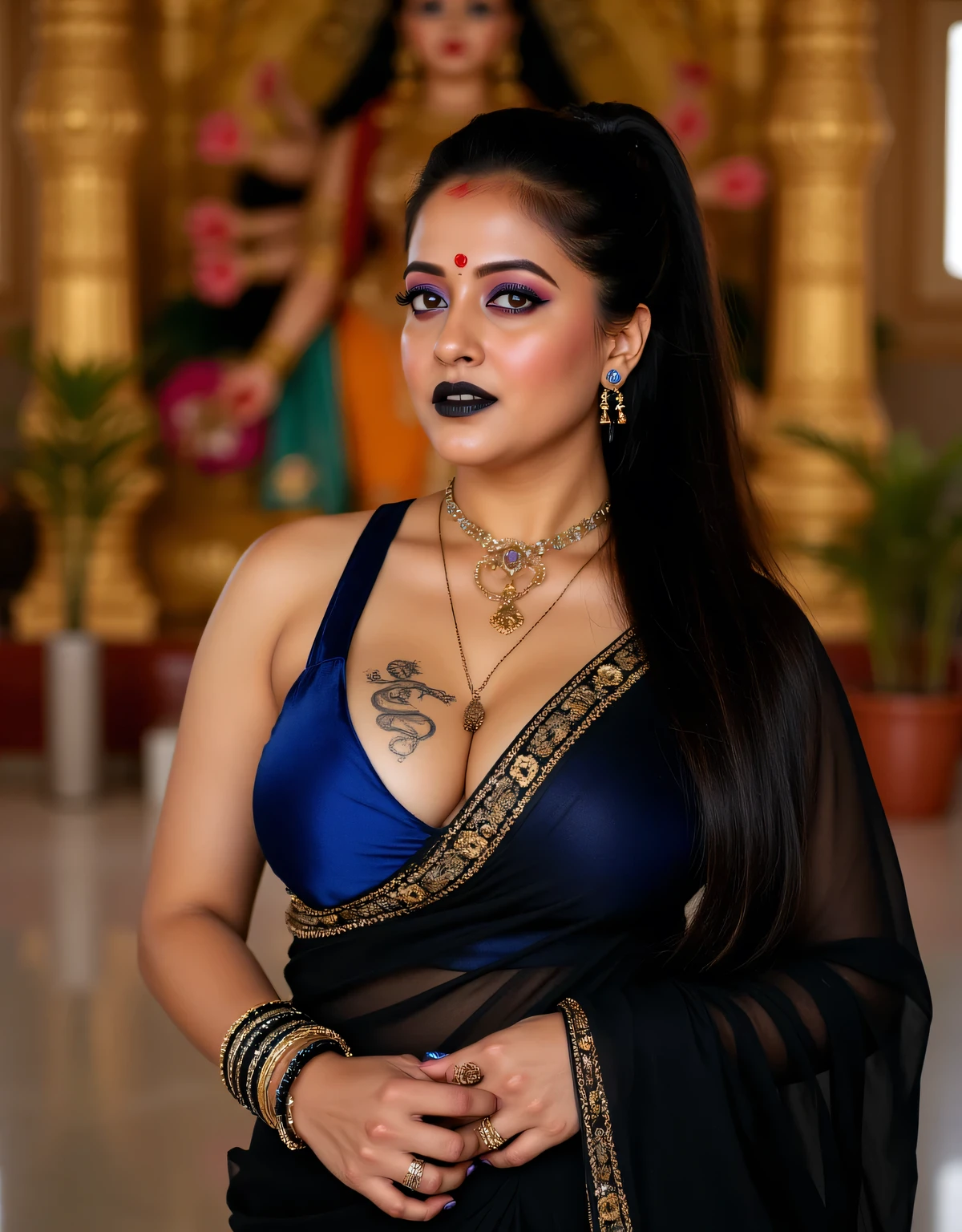 A realistic hindu married bengali milf,semi curvy figure, in sleeveless thin black sexy saree,navel exposed, snake tatoo in breast,tatoo is fully visible,mehndi in hand, ponytail,black glossy lipstick,blue eyeliner,perfect makeup,love shaped bangle,,breast size 32, blue Ultra-deep plunge blouse,full deep cleavage fully exposed,sexy figure,in durga mata mandir,in front of durga ma's murti,8k,vivid colors,8k,ultra realistic
