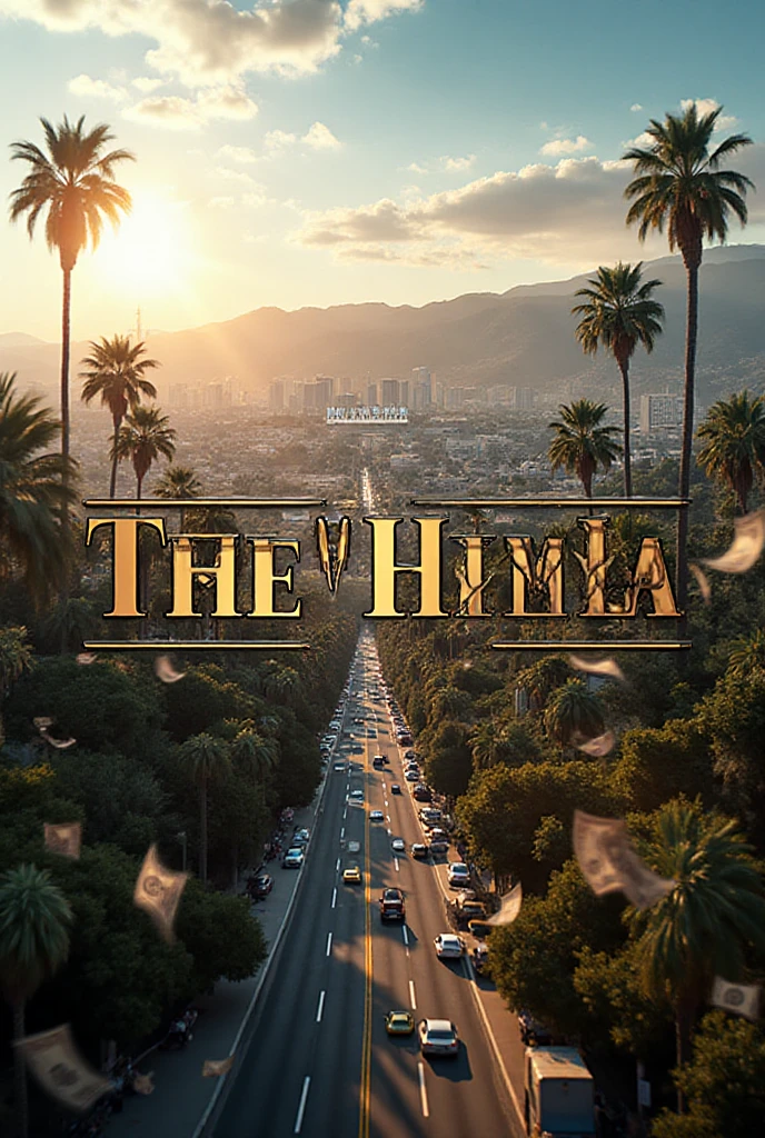 Photorealistic logo design for "The Hills LA" FiveM community, birds-eye view of Los Angeles urban sprawl with iconic palm trees, Hollywood sign visible in distance, crisp typography with metallic finish, scattered hundred dollar bills and 9mm bullet casings creating dynamic border, dramatic lighting, lens flares, high-end commercial photography style, 4K resolution, advertisement quality