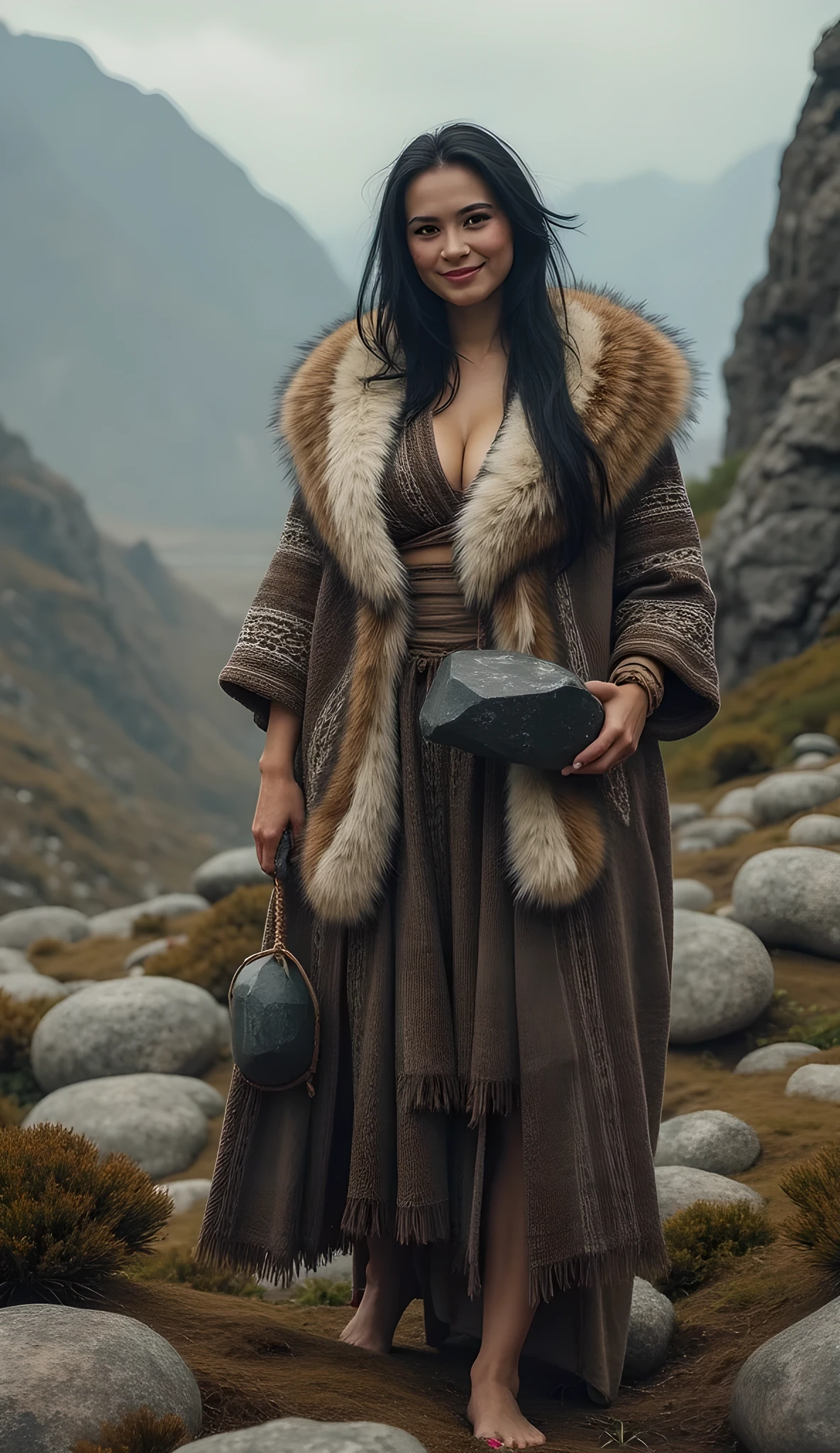 Stone age era, (prehistoric age era:1.6), ((Realistic cinematography cinematic close-up angle depth intense details of realistically stunning tundra landscape scenery)),(cinematic close-up),focusing on a beautiful happy russian female standing,cinematic potrait,holding and carrying a realistic big size Stone realistic crystallized obsidian shining stone,,(every features are depicted clearly),(realistically and intricately depicting scenery),((prehistoric age)),,(wearing primitive long size fur fabric cloak tunic dressing|fully wool woven kimono dress enveloping her whole body),long skirt,(perfectly depth symmetrically precisely busty full body shaped),(cinematic dynamically camera widely angle scenery:accurately depicted:1.3),the lively prehistoric cradle of historcal depicting scenery,afternoon,realistically full depth,summer season,(cinematography dynamic angle|hyperrealistic:realistic scenery:3d texture over the scenery),best videography angle,hdr,masterpiece,4K,(cinematography vibe),primordial folk fabric wardrobe,(dynamic image composition),(octane 3d rendering|50mm lens shot:1.3),(precise lifelike human depiction:realism),(best rule of third photography composition),(best image aperture),(full details depth of field),(best shutter speed),(RAW photo image),(photorealistic|photorealism:hyperrealism style),(realistic depth 3d:cgi:1.3),(trending on cgsociety:devianart:unreal engine 5),,(best photography:national Geographic style), bronzePunkAi and sandalPunkAi artwork, digital art,best lighting concept,(realistic intricately fixed fully accurate human's anatomy body+hands+and+fingers anatomical),natural motion,inspired by farcry5 game artwork, SFW,