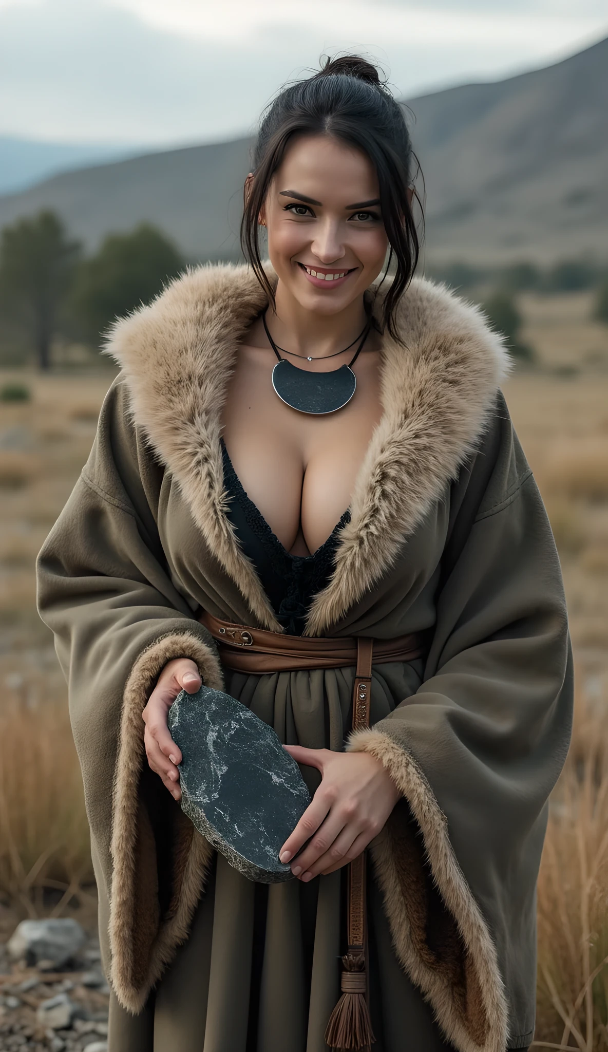 Stone age era, (prehistoric age era:1.6), ((Realistic cinematography cinematic close-up angle depth intense details of realistically stunning tundra landscape scenery)),(cinematic close-up),focusing on a beautiful happy russian female standing,cinematic potrait,holding and carrying a realistic big size Stone realistic crystallized obsidian shining stone,,(every features are depicted clearly),(realistically and intricately depicting scenery),((prehistoric age)),,(wearing primitive long size fur fabric cloak tunic dressing|fully wool woven kimono dress enveloping her whole body),long skirt,(perfectly depth symmetrically precisely busty full body shaped),(cinematic dynamically camera widely angle scenery:accurately depicted:1.3),the lively prehistoric cradle of historcal depicting scenery,afternoon,realistically full depth,summer season,(cinematography dynamic angle|hyperrealistic:realistic scenery:3d texture over the scenery),best videography angle,hdr,masterpiece,4K,(cinematography vibe),primordial folk fabric wardrobe,(dynamic image composition),(octane 3d rendering|50mm lens shot:1.3),(precise lifelike human depiction:realism),(best rule of third photography composition),(best image aperture),(full details depth of field),(best shutter speed),(RAW photo image),(photorealistic|photorealism:hyperrealism style),(realistic depth 3d:cgi:1.3),(trending on cgsociety:devianart:unreal engine 5),,(best photography:national Geographic style), bronzePunkAi and sandalPunkAi artwork, digital art,best lighting concept,(realistic intricately fixed fully accurate human's anatomy body+hands+and+fingers anatomical),natural motion,inspired by farcry5 game artwork, SFW,