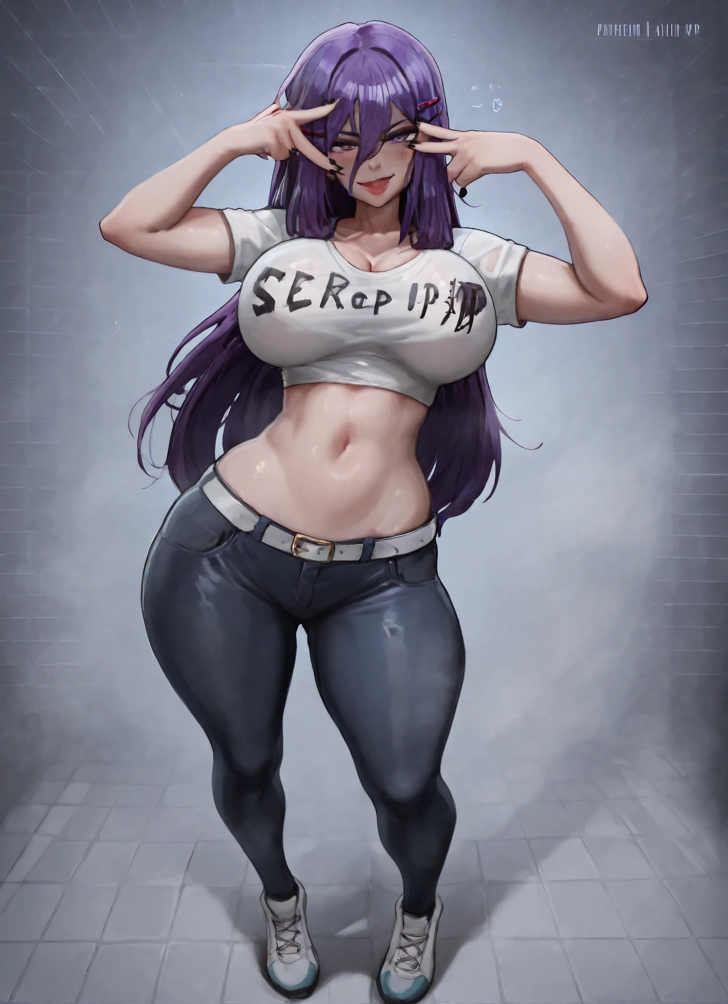 naxius_noxy, (masterpiece), (best quality), (ultra-detailed), amazing quality, very aesthetic, illustration, perfect composition, intricate details, absurdres, incredibly absurdres, shiny skin, realistic, dynamic pose, perspective, naxius_noxy, 1girl, large breasts, roropull, score_9, score_8_up, score_7_up, score_6_up, score_5_up, score_4_up, aelion,, (masterpiece), (best quality), (ultra-detailed), amazing quality, very aesthetic, illustration, perfect composition, intricate details, absurdres, incredibly absurdres, shiny skin, realistic, dynamic pose, perspective, yuri, 1girl, tongue out, smirking, small blush, purple hair, v over eye, hair between eyes, long hair, looking at viewer, breasts, upper body, purple eyes, black nails, grid background, hairclip, signature, midriff, dark blue skinny jeans, white t-shirt crop top, tight shirt, white shirt, curvy body, full body, black thong sticking out, cleavage, white belt, white shoes, thick thighs, wide hips.