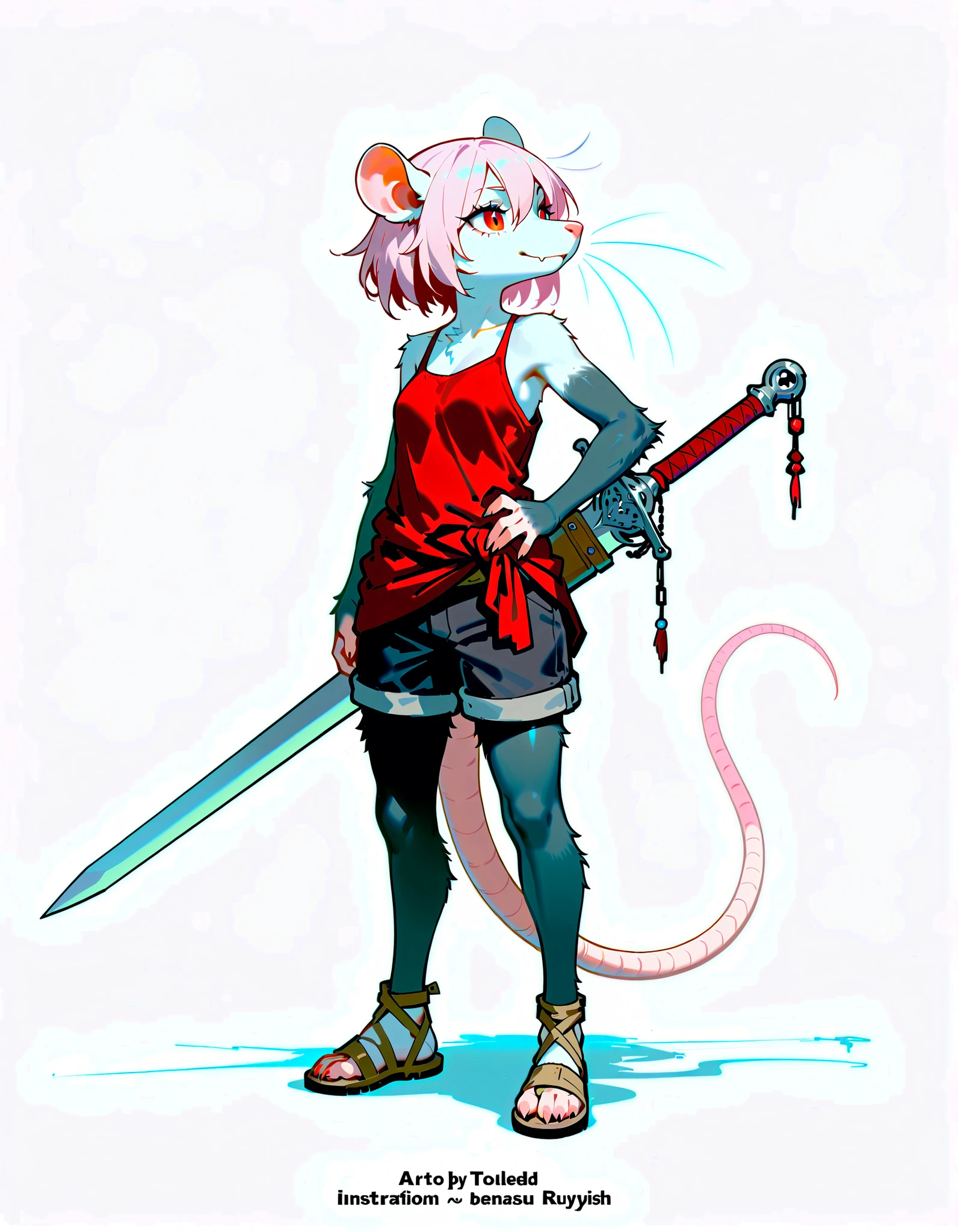 (((masterpiece))), (((Best Quality))), ((Ultra-detailed)), (anime Illustration), ((extremely delicate and beautiful)),solo, Full body, fantasy albino wererat girl, Fluffy Fur, furry, short pale pink hair, red eyes, rat head, rat ear, rat tail, ((ragged red tank top and black short pants, sandals, Resilient, sporty and boyish)), (folded arm) (she carries a belted sword on her back mount),(small figure) (shorty), full body standing, Whole body, (((white background)))