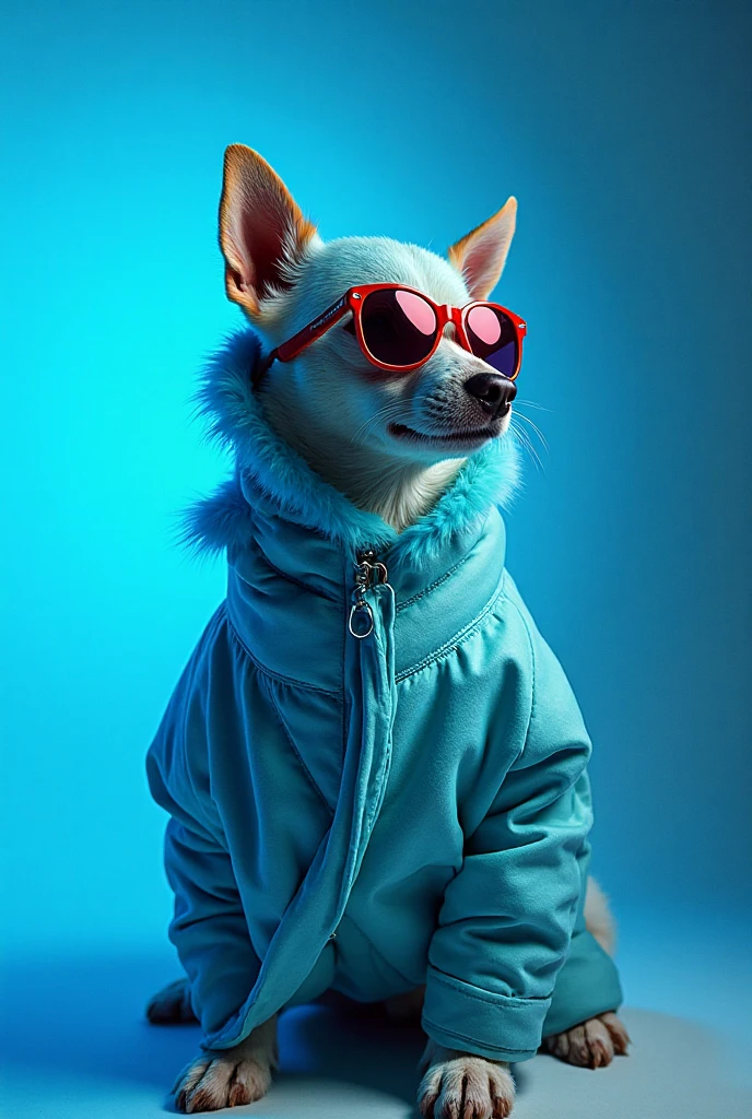 Best mobile phone wallpaper, Wallpaper Winners, portrait photography, in the foreground is a portrait of a cute dog in space-age fashion in the mid-1960s, side view,  photo shot with Canon EOS R5, strong contrast to highlight the object, fluorescent blue tone, dressed in a very modern coat and sunglasses in style 1960s, clothes of the same color, beautiful background