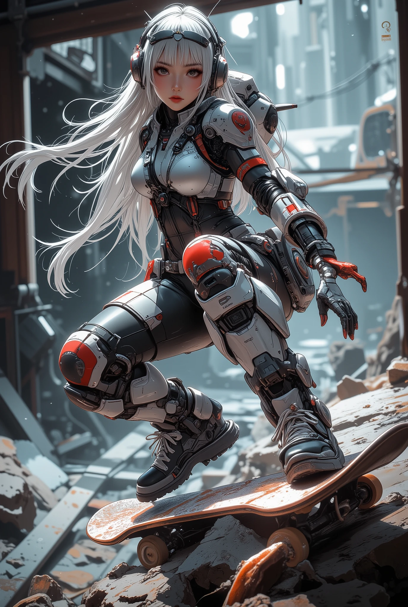 hallucinogenic efect white ,oren,black,red, landasan helikopter militer co pilot, a girl in Mecha costume , cybord , beautiful long hair losse advance digital, she is doing various professional skateboarding poses, looking at viewer,