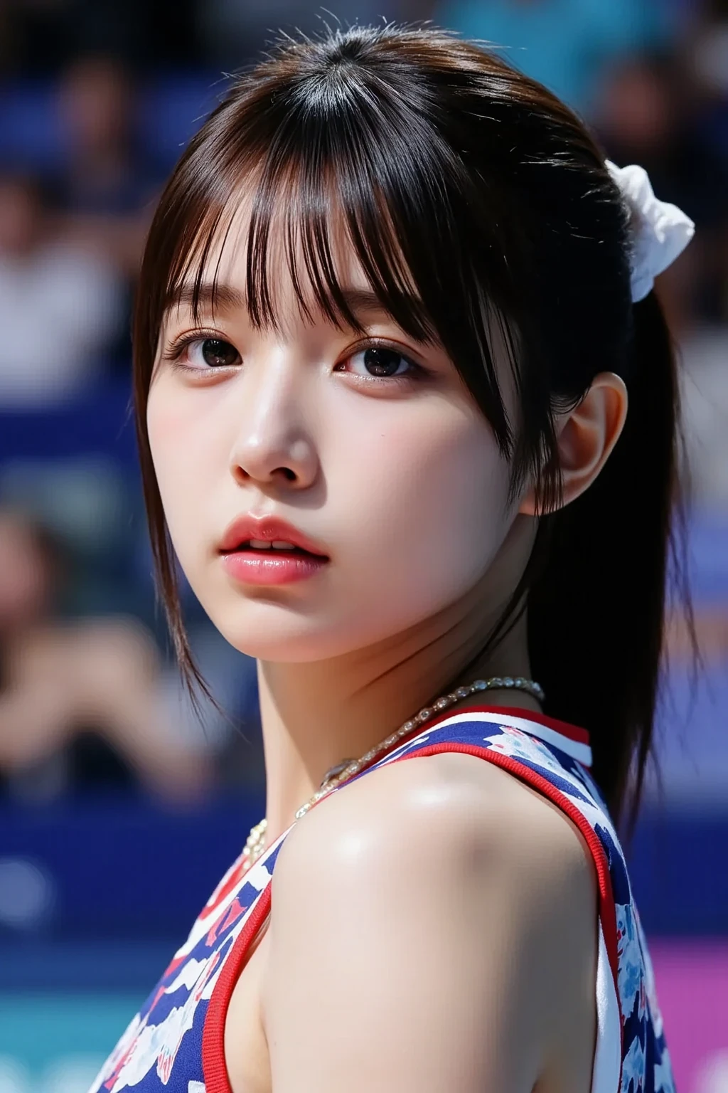 Prompt: A stunning beauty photo, color film photo, FilmG, 8k, original photo, (film grain: 1), (floating dust particles: 1.2), (front portrait: 1.4), 24mm, focused, (light from left corner: 1.4), deep shadows, ((facing the camera) (highly detailed white skin: 1.8), ((chest shooting)) (pure red background: 1.2), ((body facing the camera)), (blue-gray eyes: 1.2), ((blue gray eyes: 1.2), ( Ribbon skirt: 1.4), (short hair),