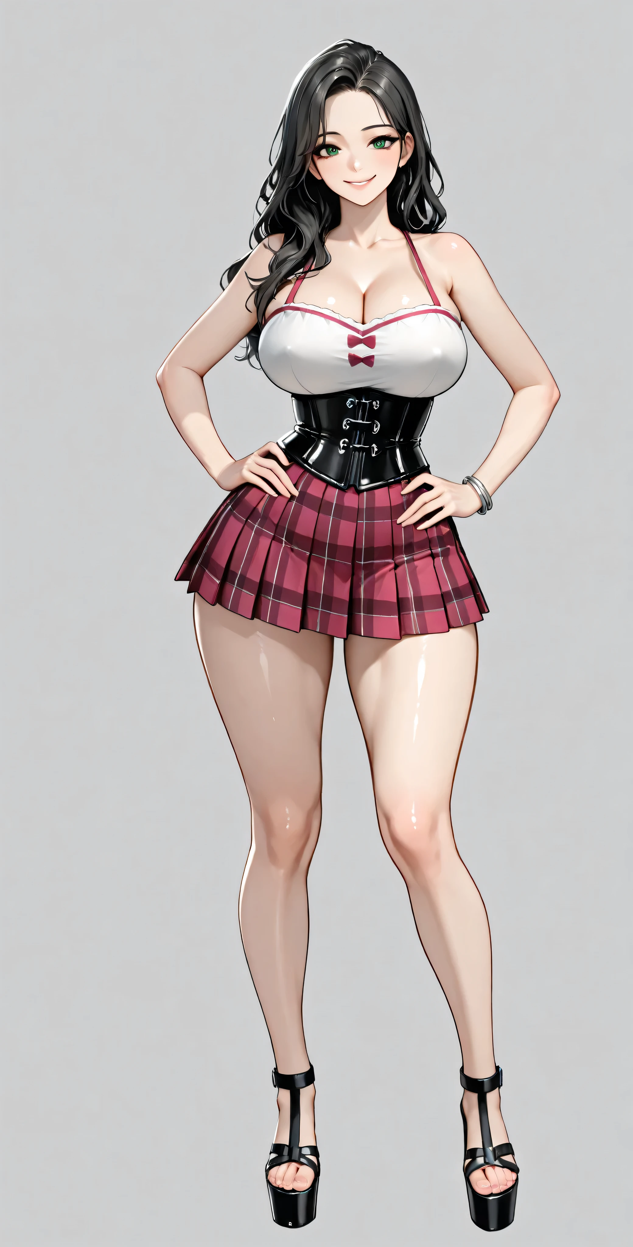high definition, 4k, Of course. a very nymphomaniac milf babe, cha Hye Yeon. smile. (((Alone.))) (gray background). shiny red metallic corset, sleeveless, sweetheart neckline, shoulders, clavicles. plaid red miniskirt, pleated, very tight. very large and round , wide , beautiful big round , silver bracelets , black high heel platform sandals, FULL BODY, smile (hyperdetailed face), black-haired, long and wavy, very well detailed green eyes. Sensual pose with hands on , probocative look. Photo RAW. 16K. masterpiece. Higher quality. anatomía perfecta. manos perfectas.