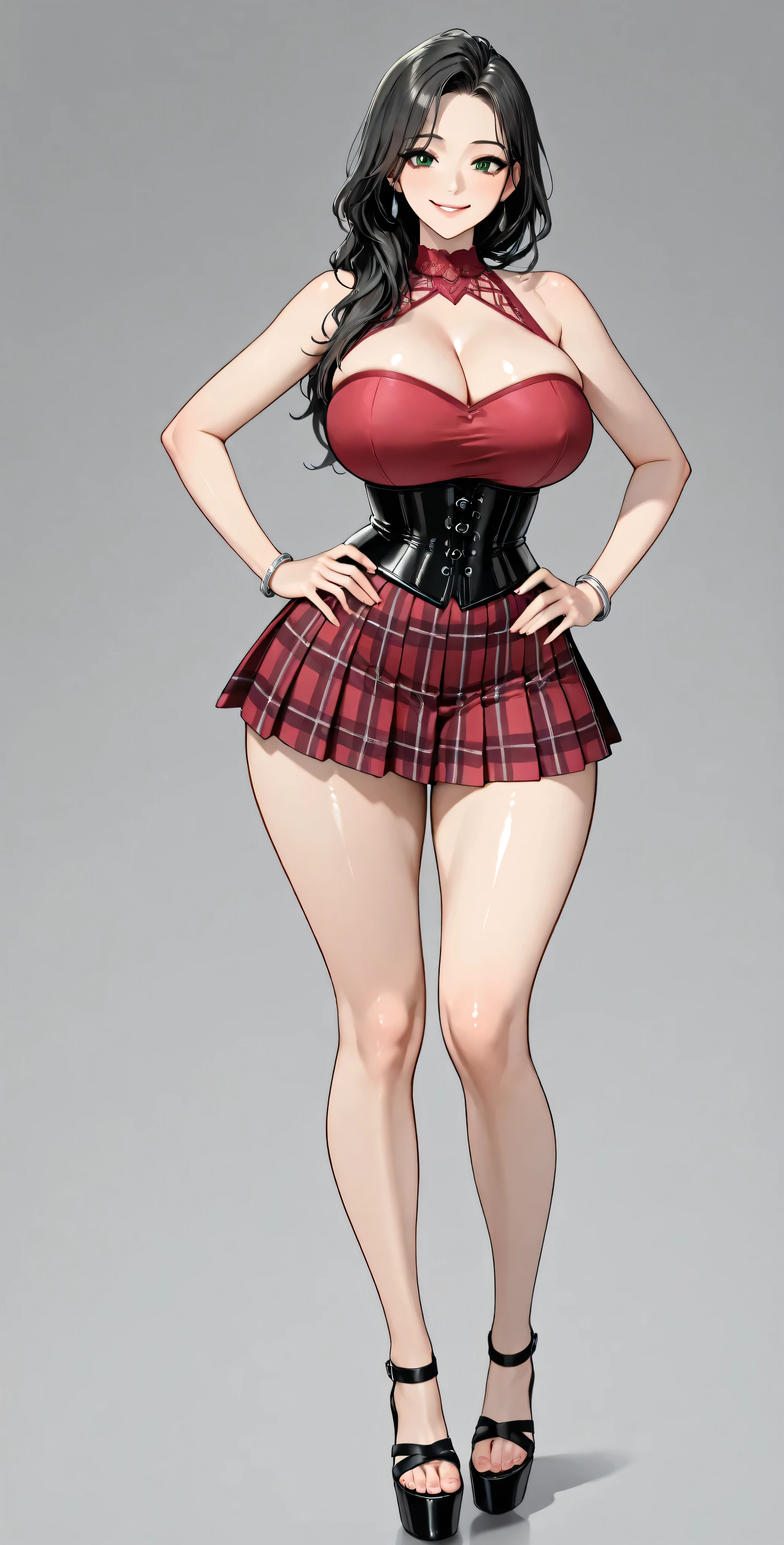 high definition, 4k, Of course. a very nymphomaniac milf babe, cha Hye Yeon. smile. (((Alone.))) (gray background). shiny red metallic corset, sleeveless, sweetheart neckline, shoulders, clavicles. plaid red miniskirt, pleated, very tight. very large and round , wide , beautiful big round , silver bracelets , black high heel platform sandals, FULL BODY, smile (hyperdetailed face), black-haired, long and wavy, very well detailed green eyes. Sensual pose with hands on , probocative look. Photo RAW. 16K. masterpiece. Higher quality. anatomía perfecta. manos perfectas.