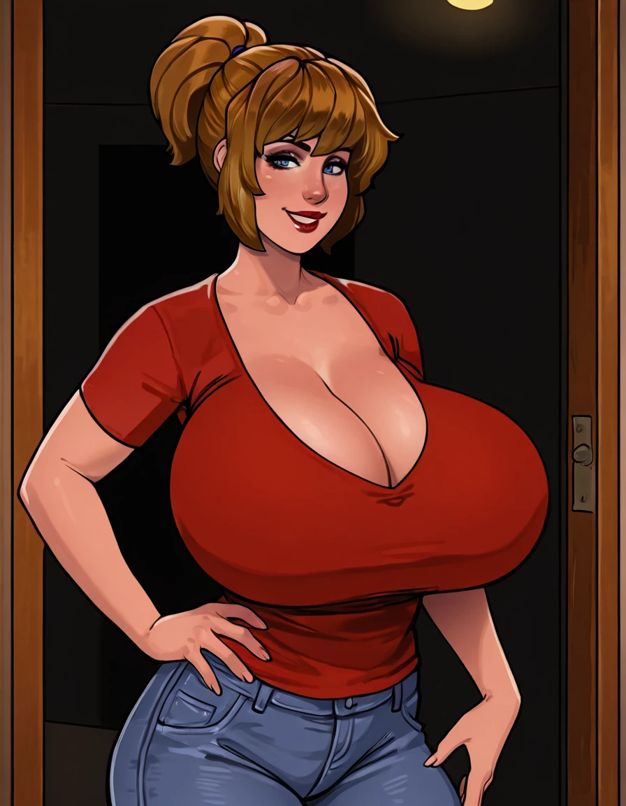 (((beautiful detailed face and extremely detailed eyeasterpiece,milf), 1girl, solo,(huge breast,alternative  size,huge curvy,thick thighs), (very short hair), blue eyes,red hair, sourire, full body, (((lois griffin))), blue shirt, jeans, blue eyes, earrings,