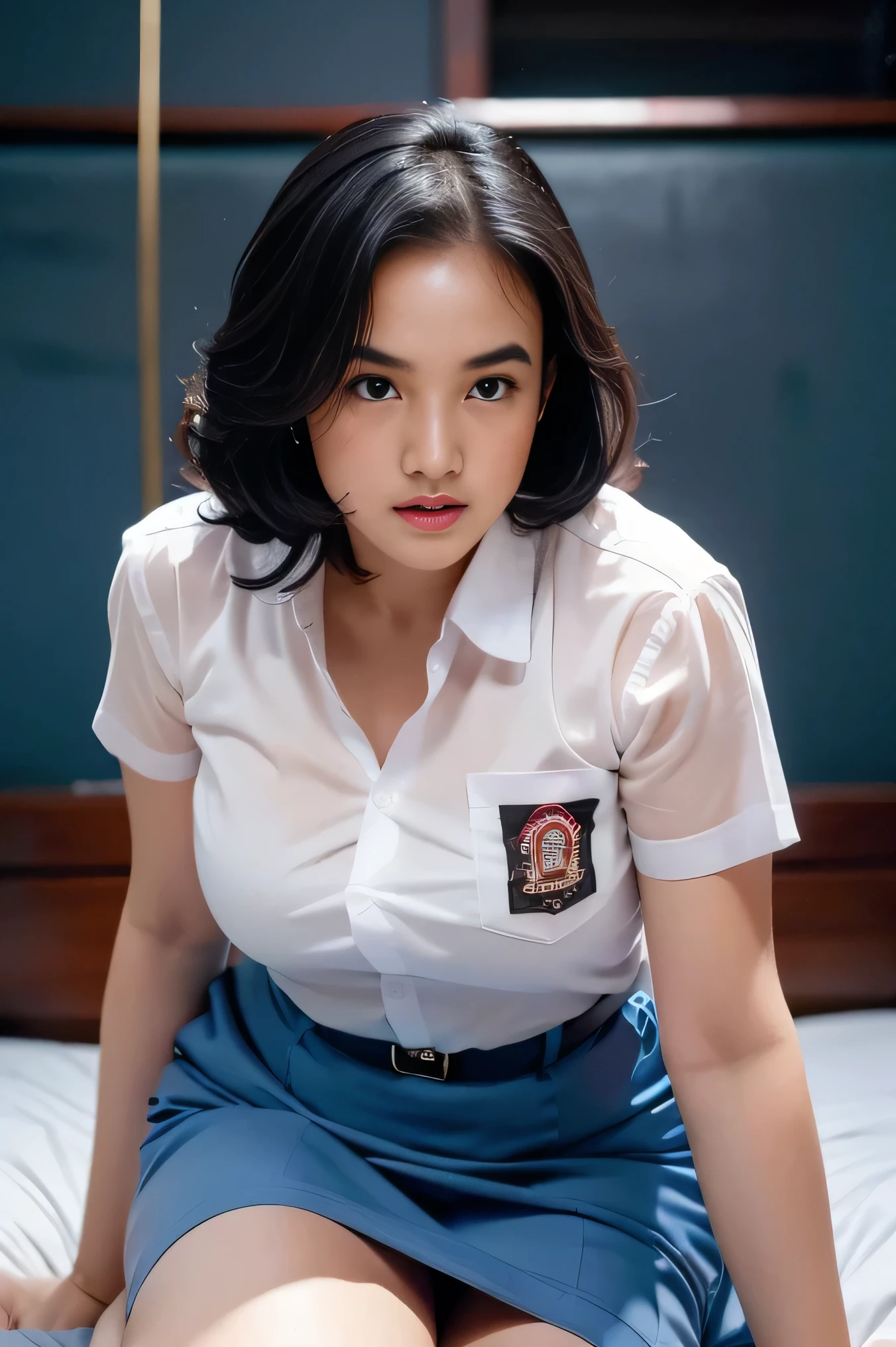 1girl, solo, 19 years old, (uniform), pose, crawling on bed, semi-thick , smooth realistic skin, angry face, white shirt, grey blue skirt, crawling towards viewer, photorealistic, 8K, ultra-detailed, hyper-realistic, physically-based rendering, chiaroscuro lighting, neon lights, vibrant colors, moody atmosphere, elegant aesthetic, glamour photography