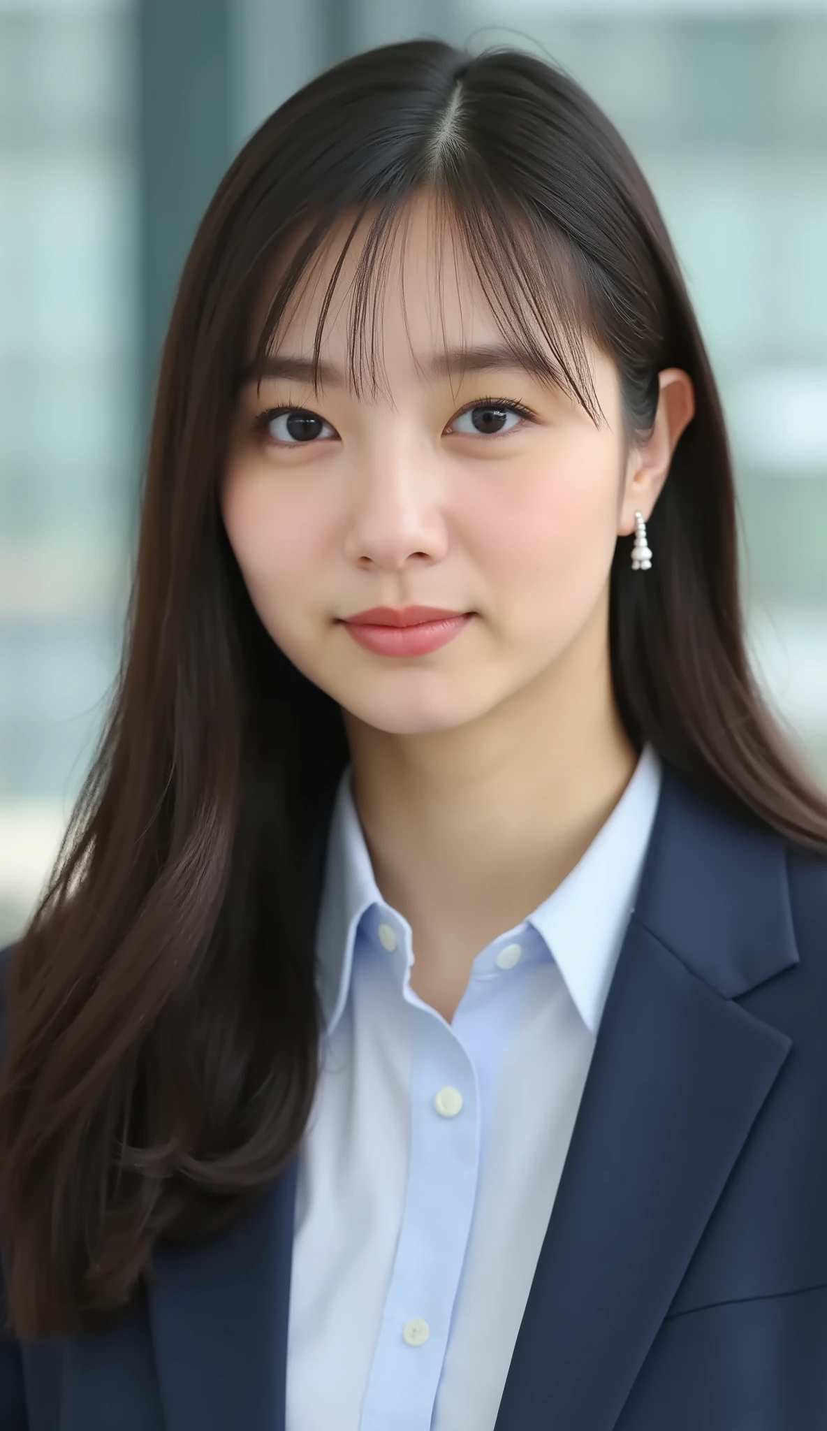 Neat Young Woman、looking at the camera、office lady suit、jacket、shirt、Ear piercings、 、無表情、、face close-up、The background is office
