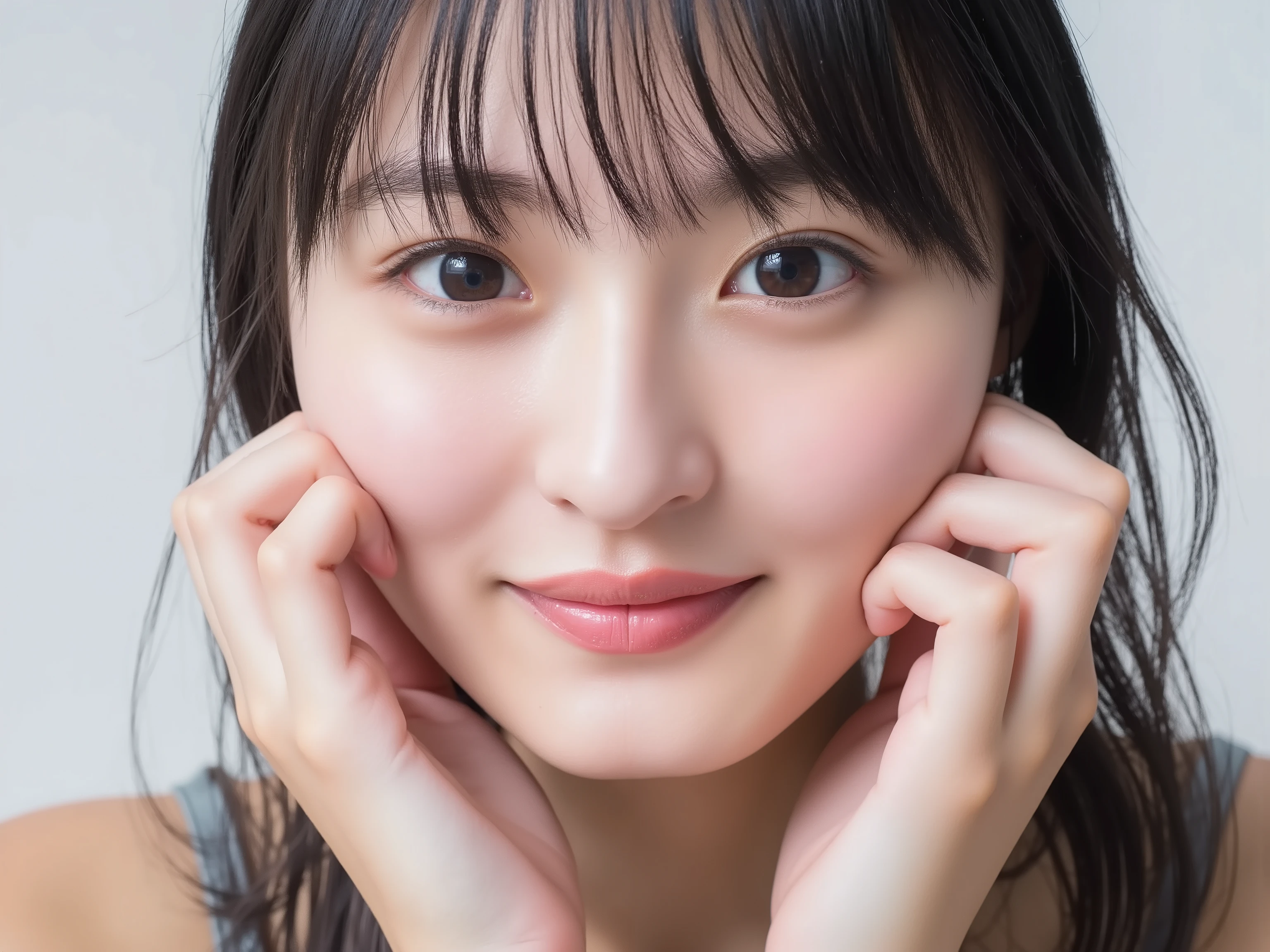 (Refined from an old photo, recreated in a modern, ultra high-quality photorealistic style, with a trendy Reiwa-era hairstyle: soft semi-long hair with natural waves and airy see-through bangs),
Ultra photorealistic close-up portrait of a beautiful Japanese woman,
upper-body shot, wearing a black outfit (completely out of frame, not visible),
shoulders and collarbone softly exposed,
both hands pressing her cheeks in a shy, lovestruck pose,
sparkling eyes gazing dreamily at the viewer with overwhelming affection,
cheeks blushing deeply with a sweet reddish glow,
soft glossy lips curved into a bright, full, lovestruck smile,
expression melting with love, playful, dreamy, adorably bashful,
purely cute and lovestruck, overflowing with affection and warmth,
realistic skin with detailed pores, subtle freckles, natural uneven tones,
tiny imperfections for realism, soft peach fuzz visible,
hair rendered with individual strands, slightly messy flow, natural matte shine,
soft diffused cinematic lighting, natural depth,
background pure white with gentle blur,
(masterpiece, best quality, high resolution, intimate romantic close-up, cinematic magazine cover style)