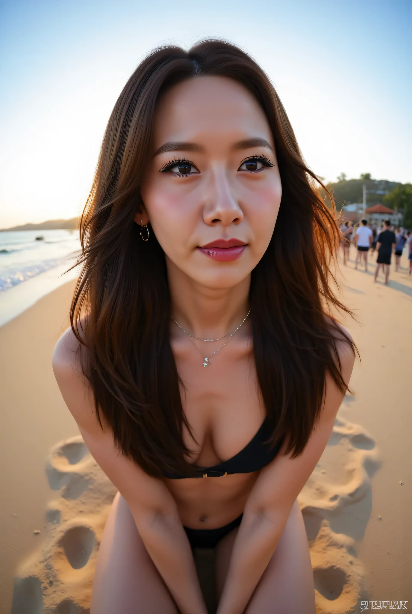 muscular woman, Face-focus, (8mm Fisheye lens:1.3), fisheye curvature applied to her face eyes chin and lips, extreme wide-angle distortion, warped perspective, curved lines, 180° field of view, Yoona in a tiny Micro bikini that barely contains her massive tits, high angle face close-up, bright makeup, laughs with her teeth visible, plump and fleshy lips covered with deep purple lipstick, her head tilted back and her chin pushed forward, her protruding, oversized chin that is exaggerated by fisheye lens dominates the frame, her face distorted by fisheye perspective, oversized chin and lips exaggerated by fisheye lens distortion, kneeling with her knees in the sand in a crowded tropical beach, looking directly at the viewer, (wrinkly face:1.3), silver cross around her neck, long wavy flowing hair with bangs and long extensions added for volume with the ends curled into luscious waves that cascade down her back, her eyes are smothered in smoky black eyeshadow with dramatic winged eyeliner, leaning on both her hands that are concealed between her toned thighs, outrageously long and voluminous lash extensions, long neck, a lot of blush on her cheeks, black mascara, sunset.
BREAK
masterpiece, best quality, high resolution, ultra-detailed, volumetric lighting, detailed hair, detailed eyes, detailed face within fisheye distortion, features distorted by extreme wide-angle perspective, exquisitely rendered, dramatic shading, subsurface scattering, score_9, score_8_up, score_7_up