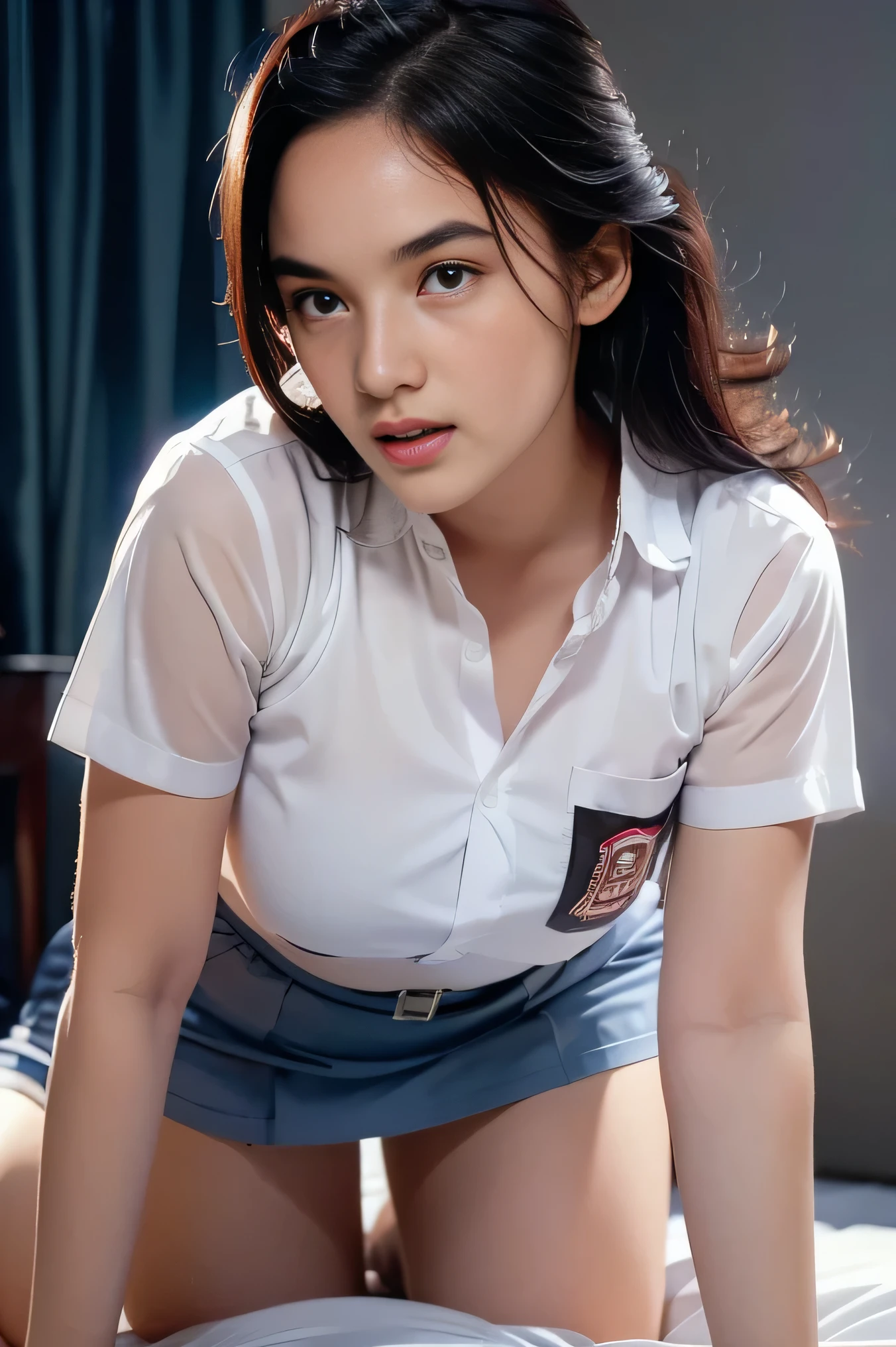 1girl, solo, 19 years old, (uniform), pose, on bed, semi-thick , smooth realistic skin, angry face, white shirt, grey blue skirt, crawling towards viewer, photorealistic, 8K, ultra-detailed, hyper-realistic, physically-based rendering, chiaroscuro lighting, neon lights, vibrant colors, moody atmosphere, elegant aesthetic, glamour photography, crawling