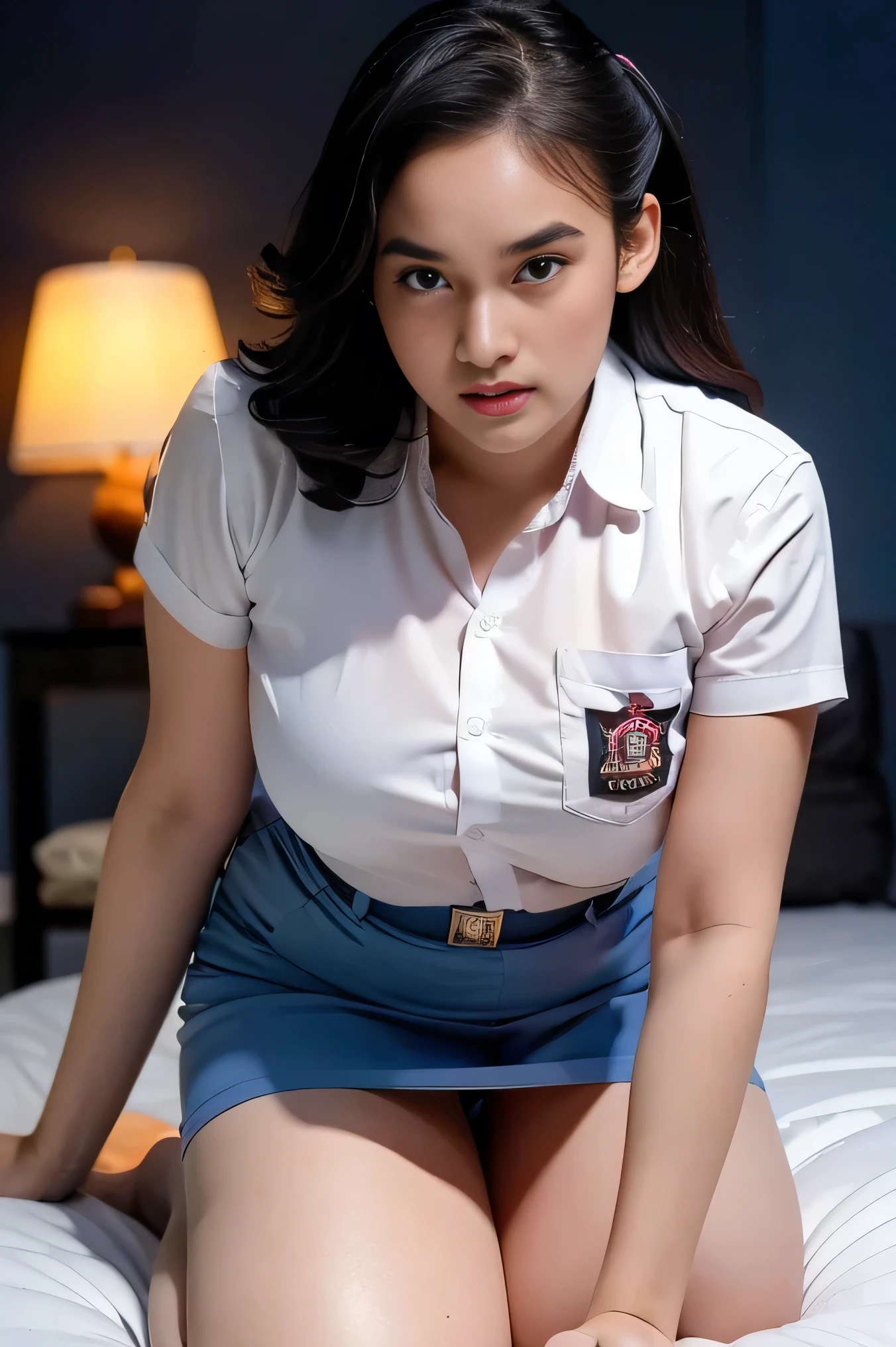 1girl, solo, 19 years old, (uniform), pose, on bed, semi-thick , smooth realistic skin, angry face, white shirt, grey blue skirt, crawling towards viewer, photorealistic, 8K, ultra-detailed, hyper-realistic, physically-based rendering, chiaroscuro lighting, neon lights, vibrant colors, moody atmosphere, elegant aesthetic, glamour photography, crawling