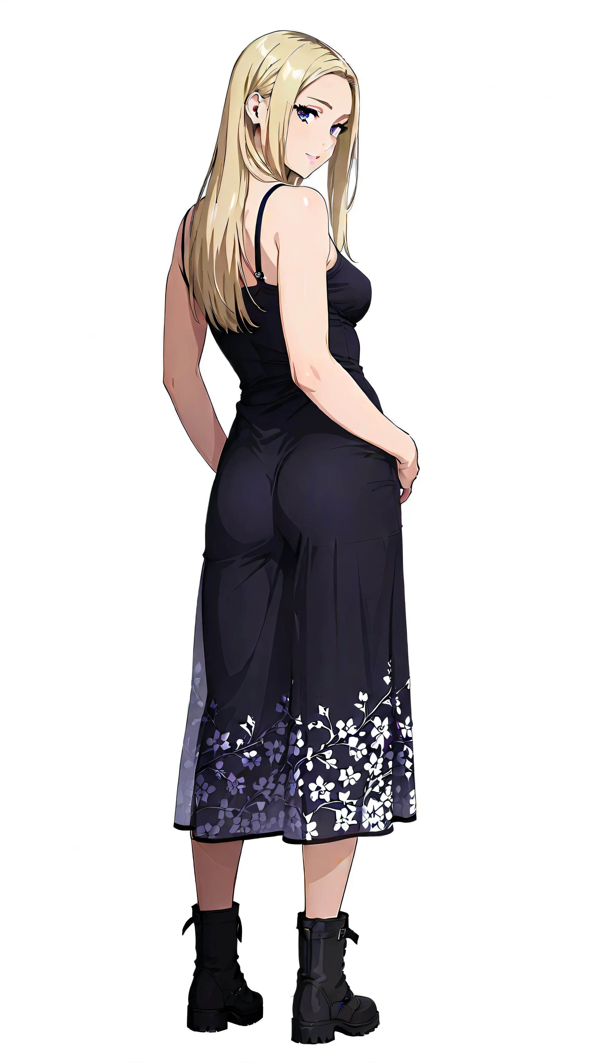 (official art、Professional Quality、Ultra High Definition)、(full body view、from behind, Looking Back)、(1girl, solo, young girl, beautiful girl, sexy girl)、Detailed Beautiful Face、beautiful dark eyes、Beautiful blonde、straight long hair)、(Cami dress with all-over small flower pattern and all-black color, black military boots), (slim body, subtle curves, slight breasts)、(legs peek:2.0, free standing pose)、white background、super real,