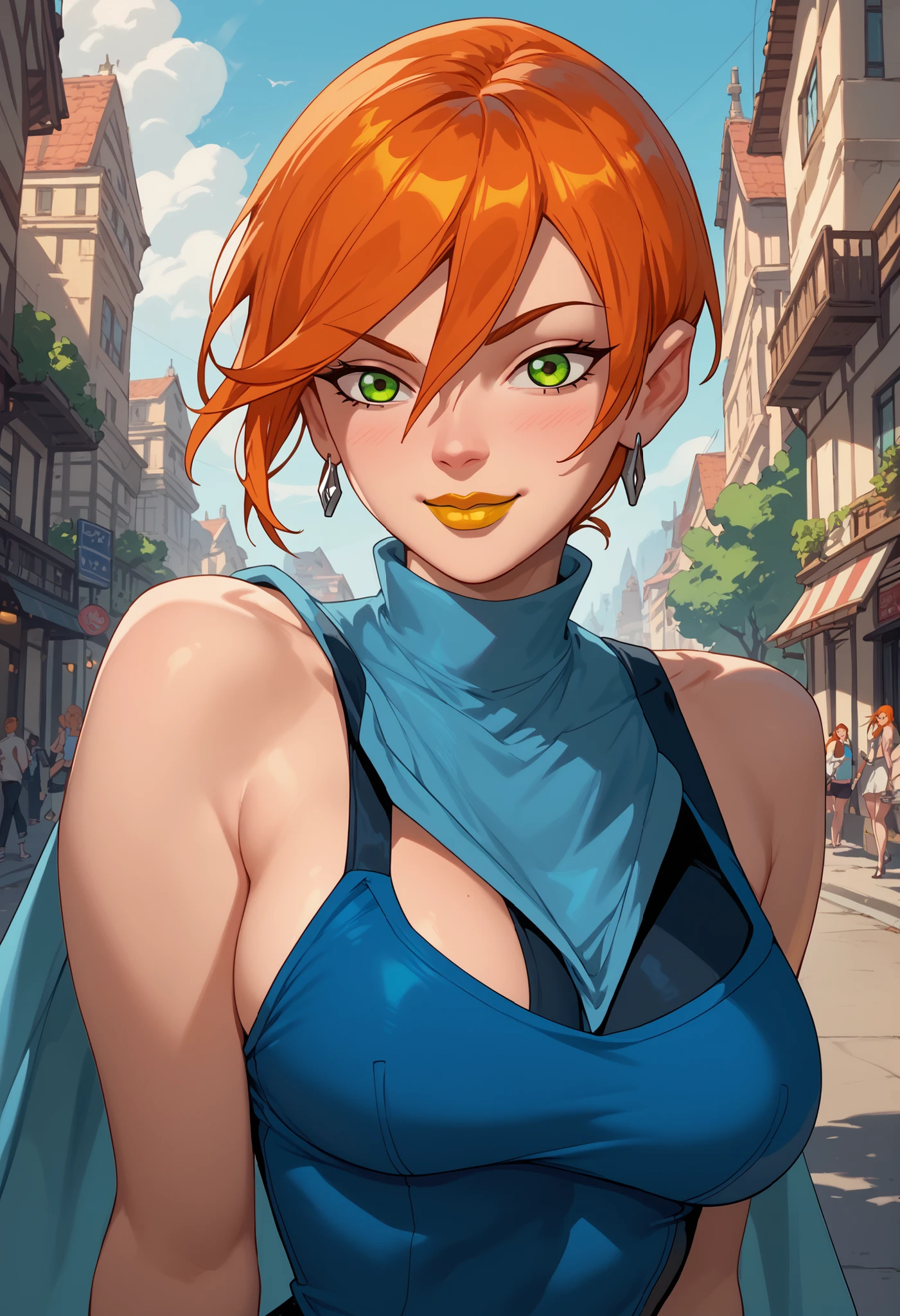 woman, green eyes, orange hair, big breasts, anime style, yellow lipstick, Gwen, white skin, sensual smile