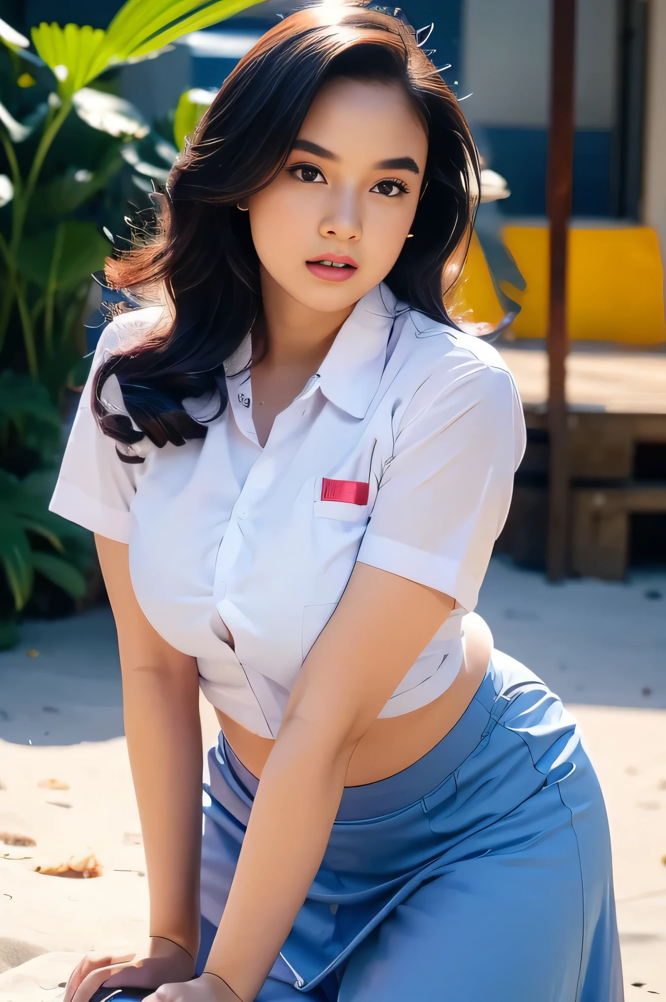 1girl, solo, 19 years old, (uniform), crawling on the beach , semi-thick , smooth realistic skin, angry face, white shirt, grey blue skirt, crawling towards viewer, photorealistic, 8K, ultra-detailed, hyper-realistic, physically-based rendering, chiaroscuro lighting, neon lights, vibrant colors, moody atmosphere, elegant aesthetic, glamour photography